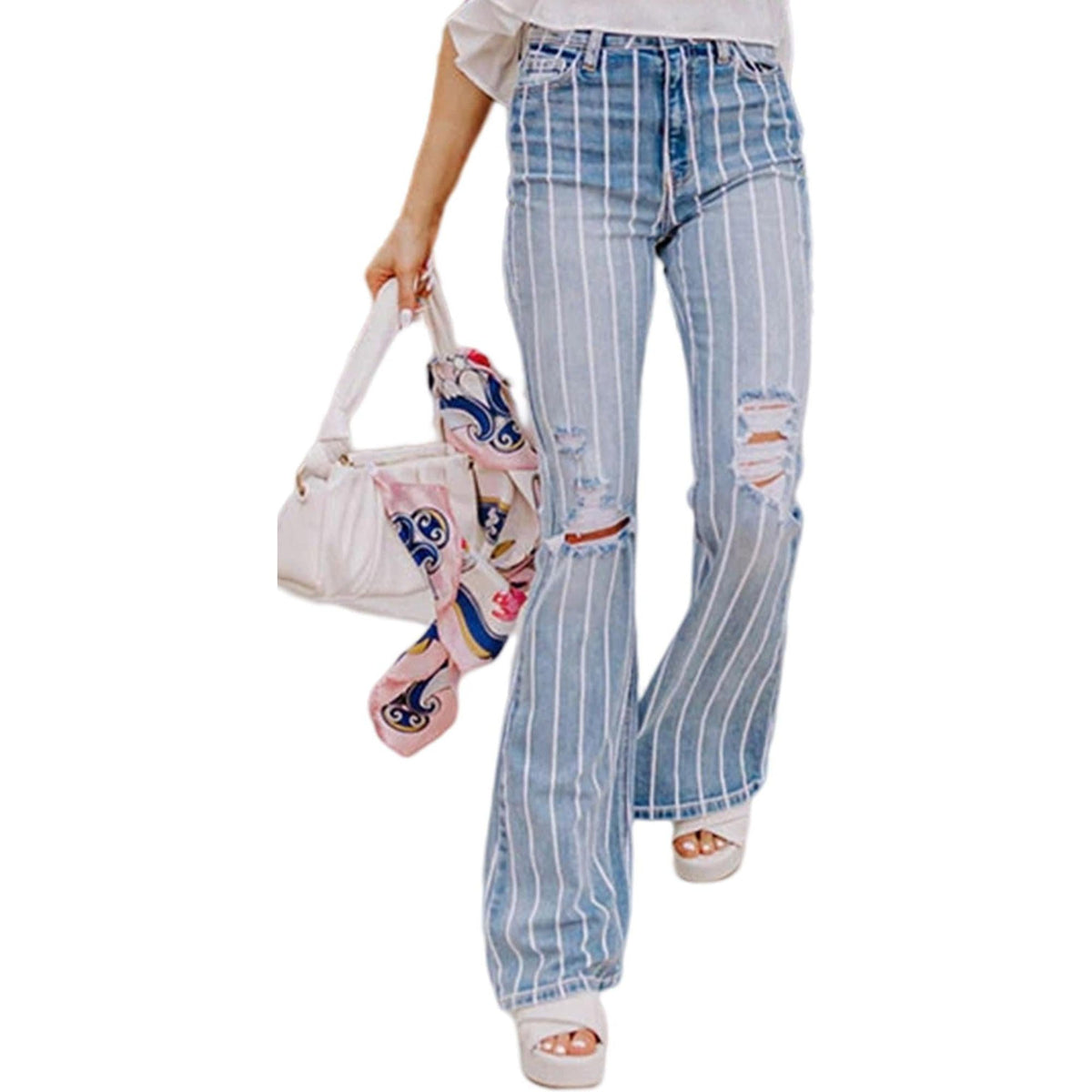 Azura Exchange Vertical Striped Ripped Flare Jeans - 10 US