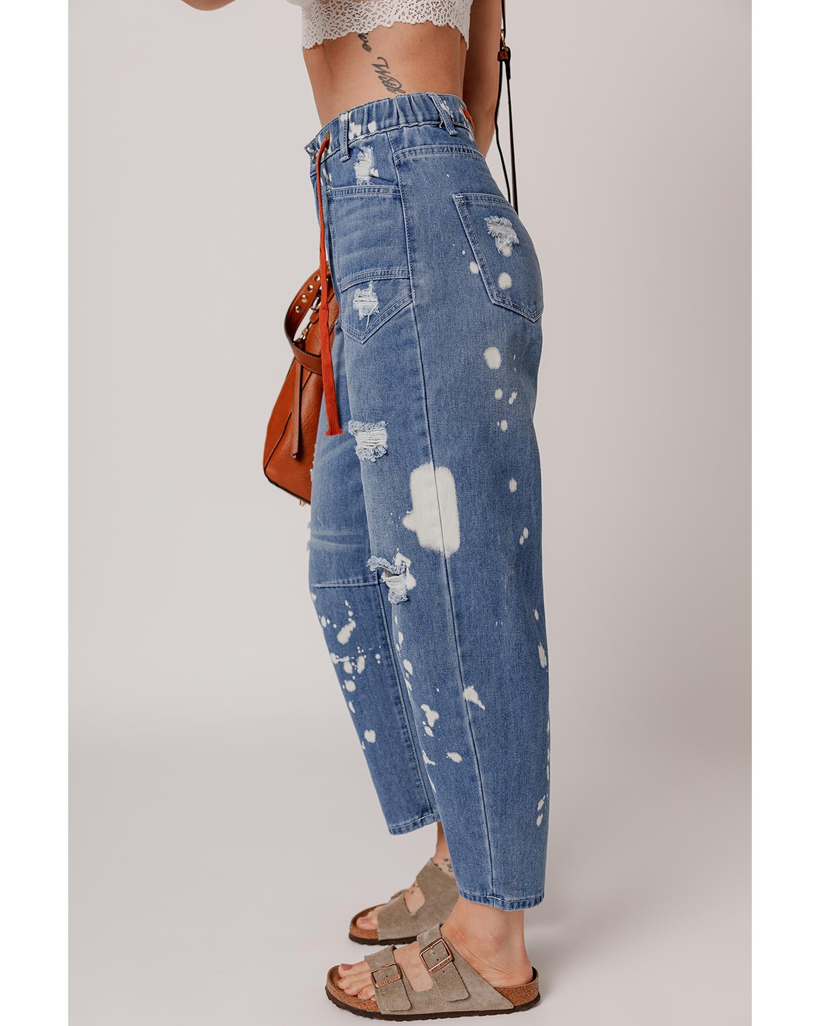 Ashleigh Blue Ripped Splattering Paint Rope Waist Cropped Straight Jeans - 8 US