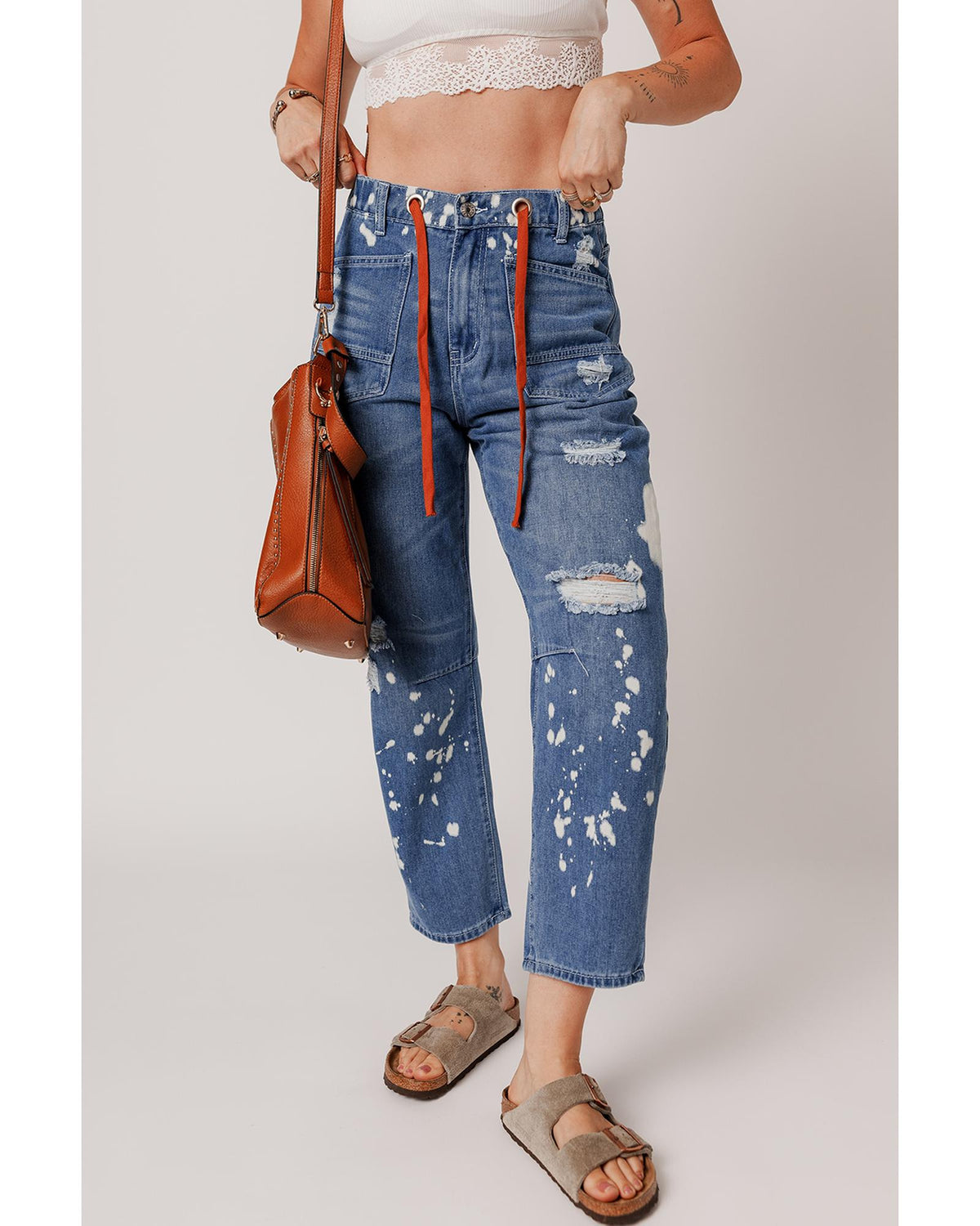 Ashleigh Blue Ripped Splattering Paint Rope Waist Cropped Straight Jeans - 8 US