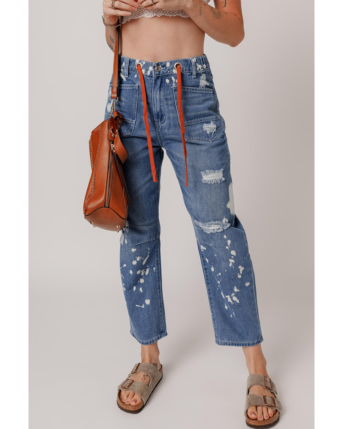 Ashleigh Blue Ripped Splattering Paint Rope Waist Cropped Straight Jeans - 8 US