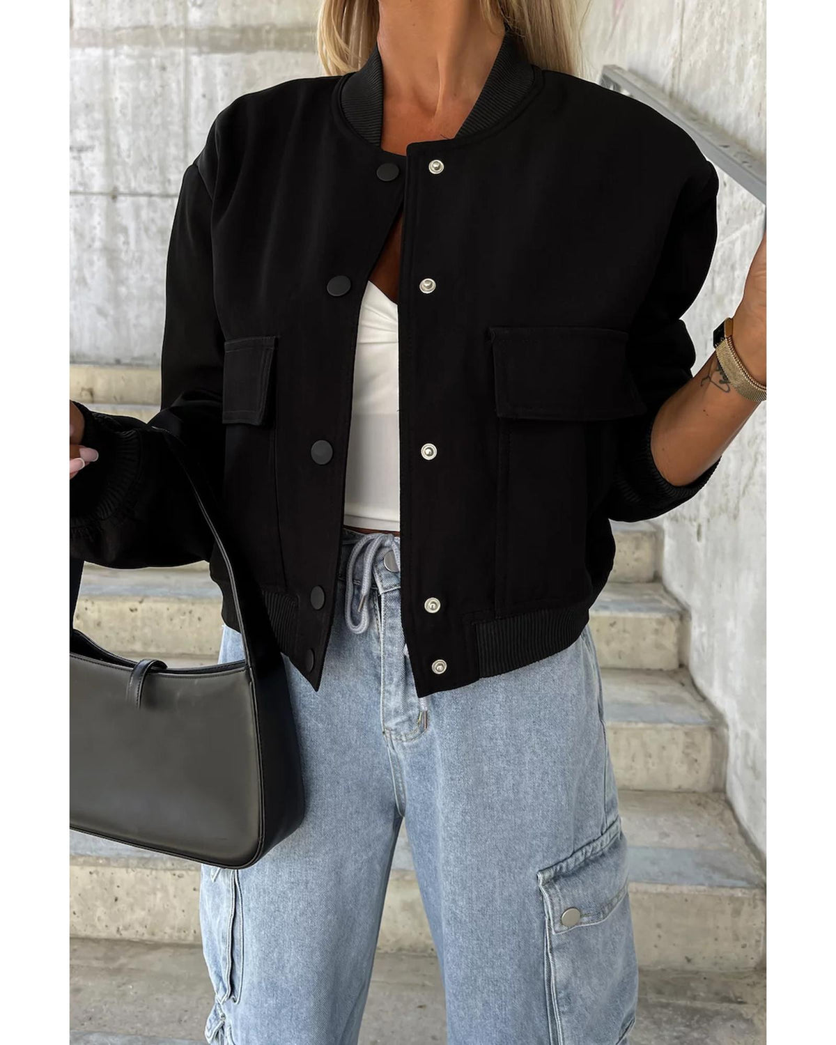 Black Big Pockets Baseball Collar Jacket - L
