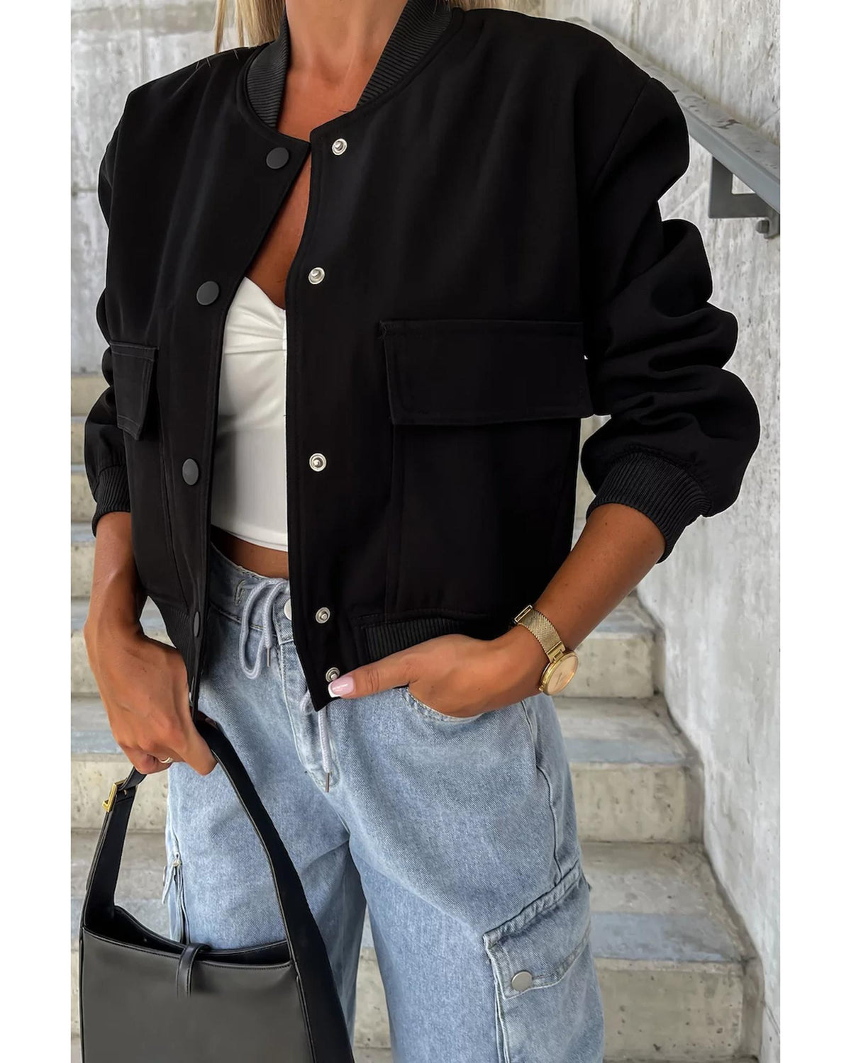 Black Big Pockets Baseball Collar Jacket - L