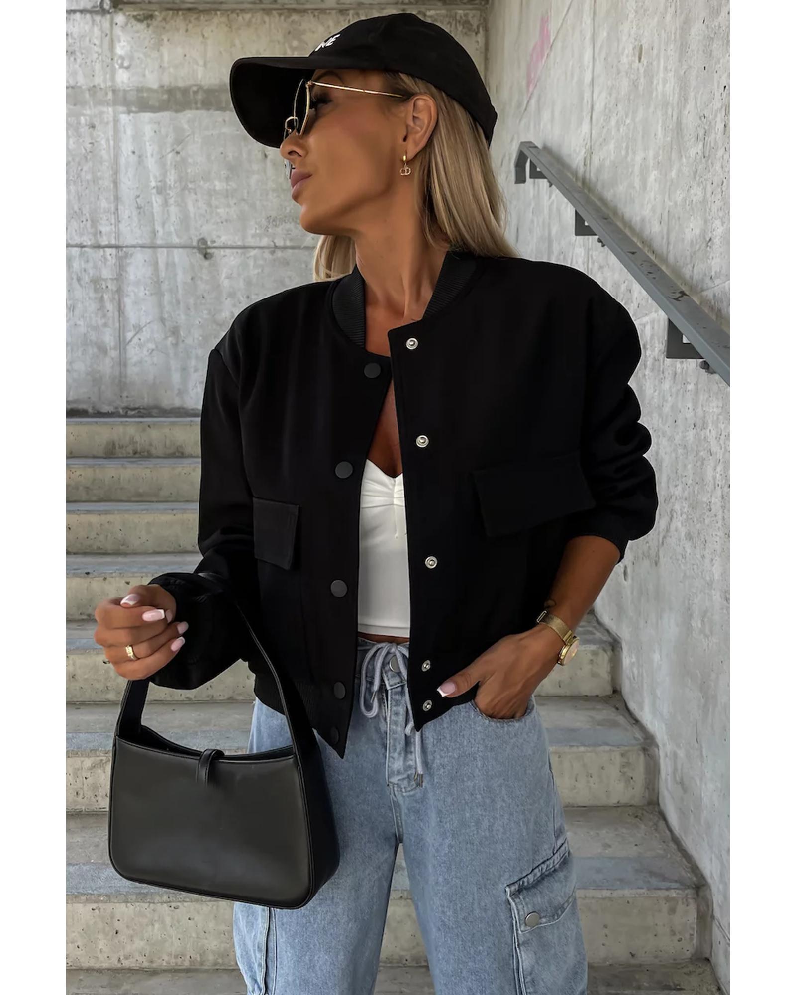 Black Big Pockets Baseball Collar Jacket - L