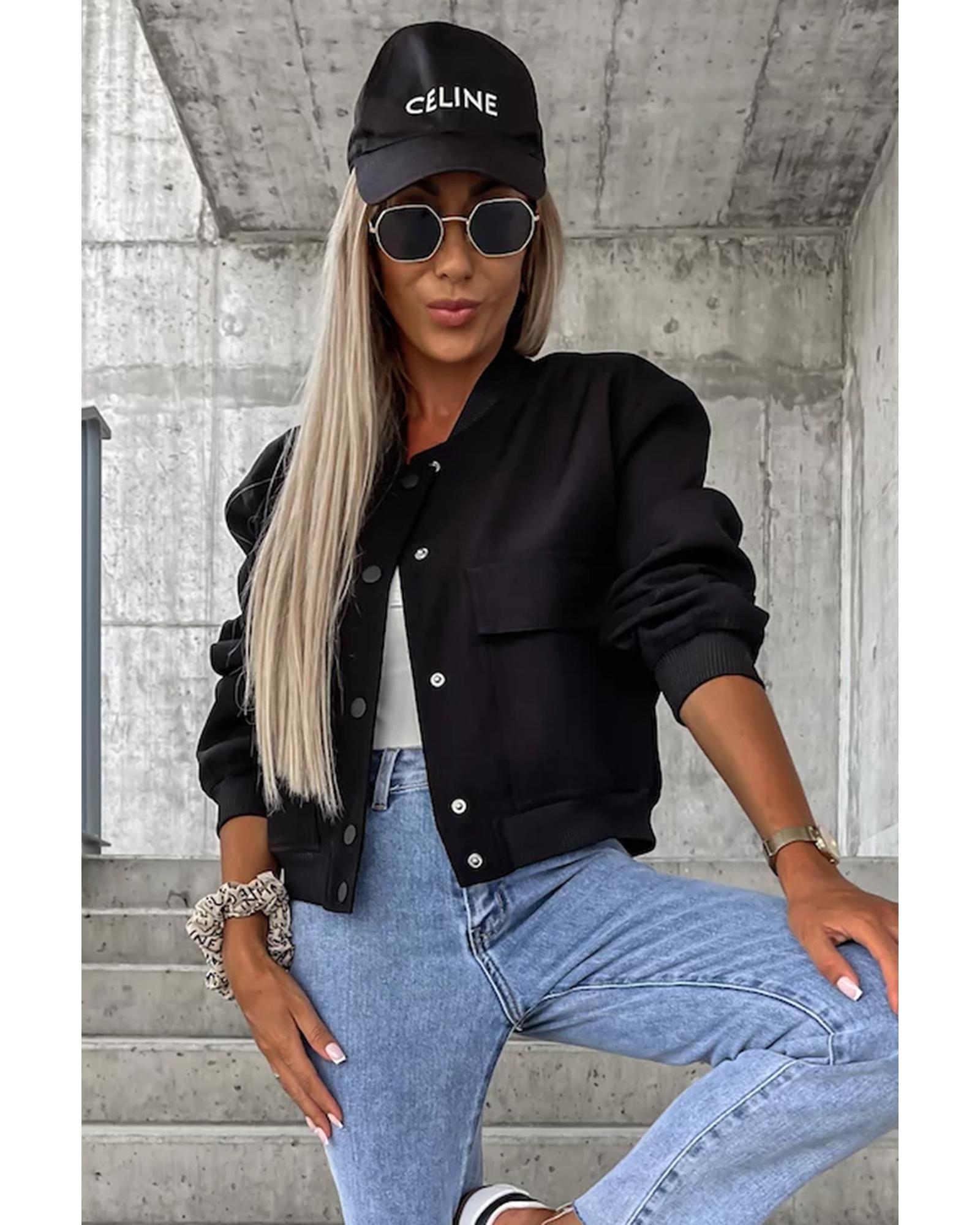 Black Big Pockets Baseball Collar Jacket - L