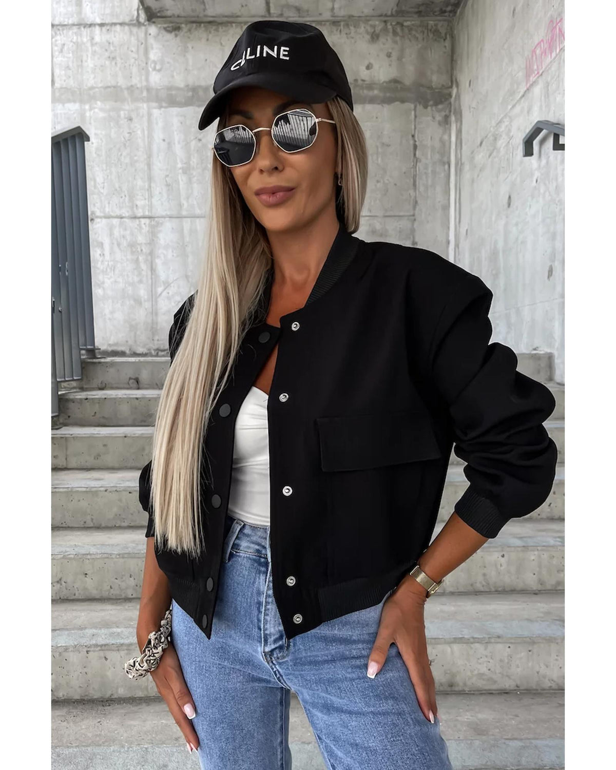 Black Big Pockets Baseball Collar Jacket - L