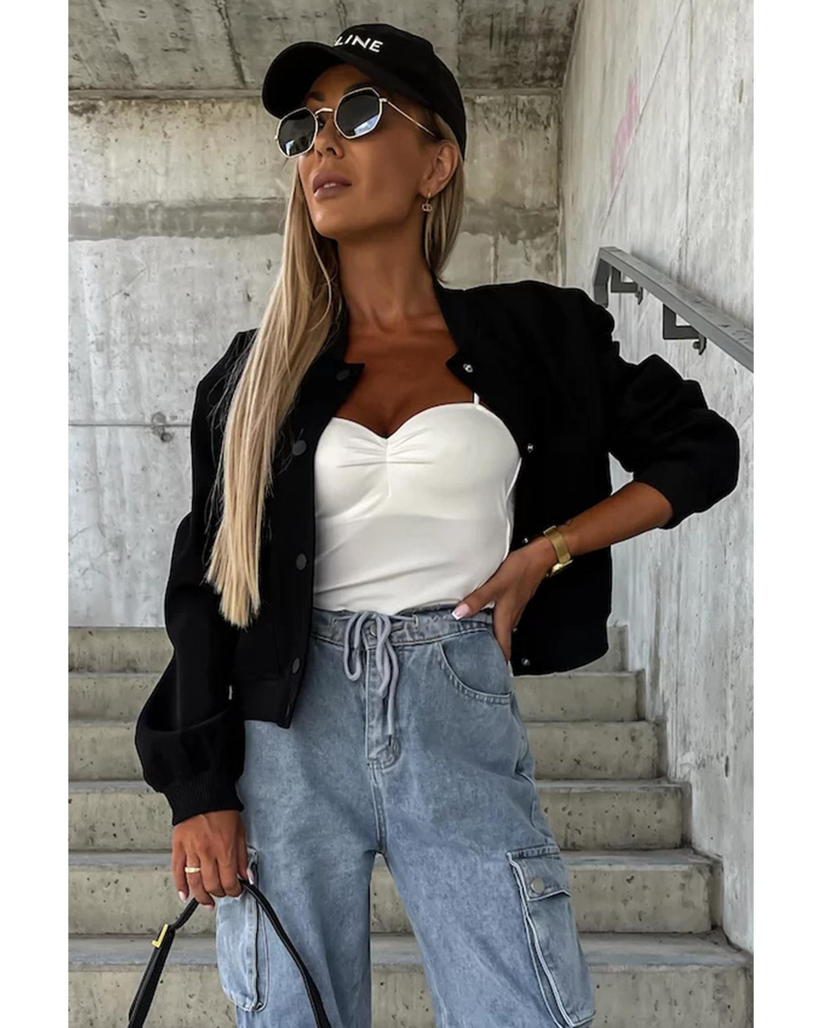 Black Big Pockets Baseball Collar Jacket - L