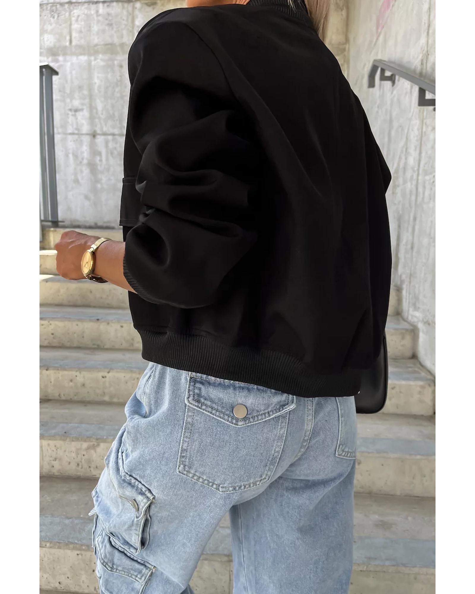 Black Big Pockets Baseball Collar Jacket - L