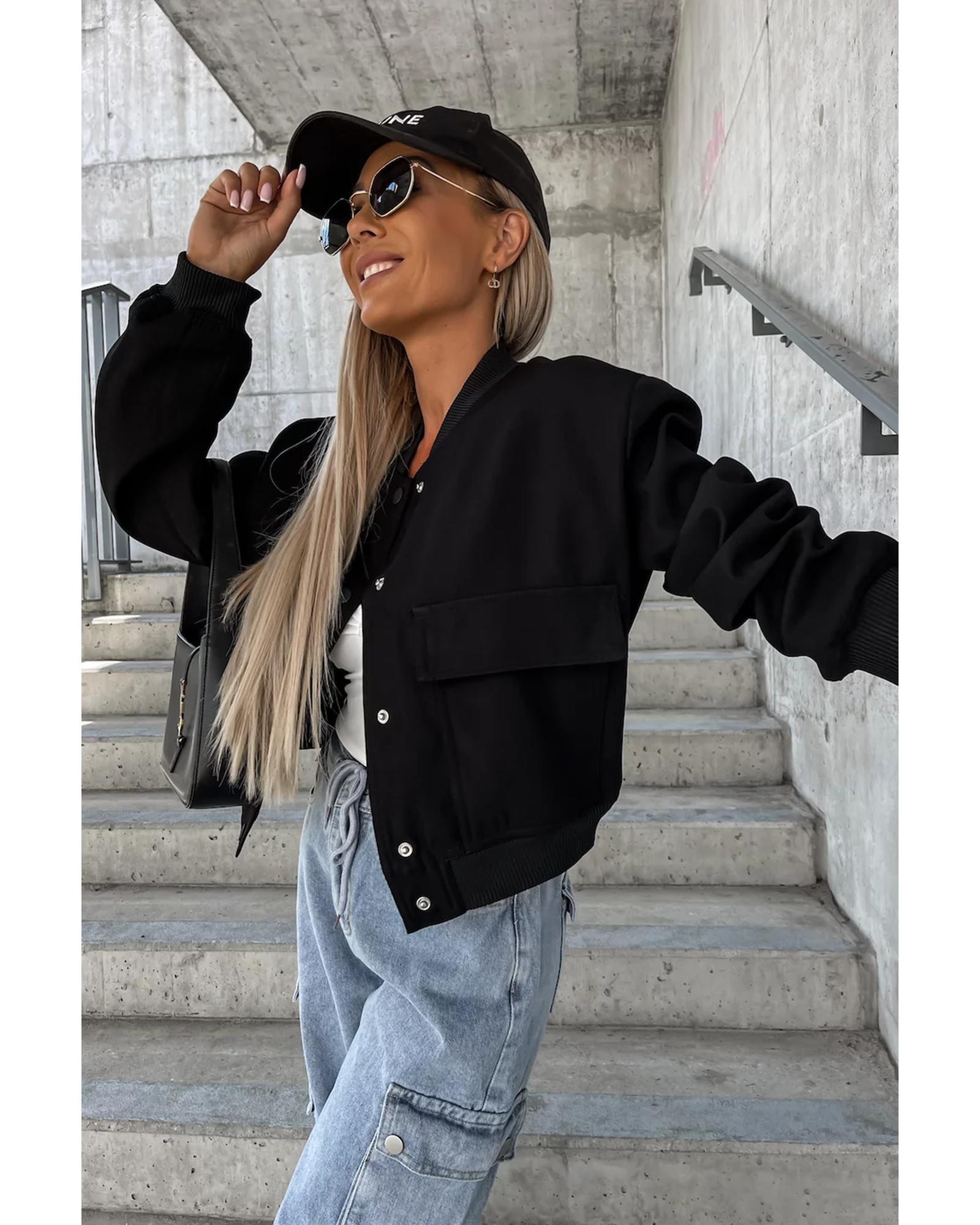 Black Big Pockets Baseball Collar Jacket - L