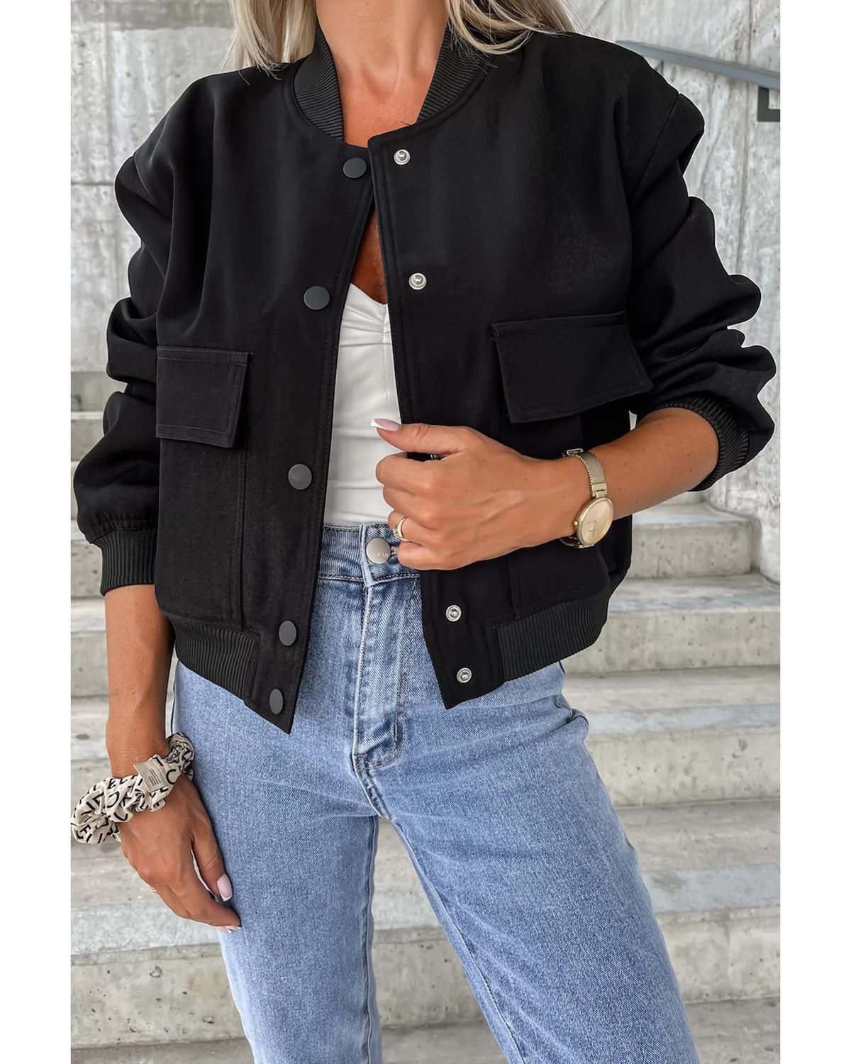 Black Big Pockets Baseball Collar Jacket - L