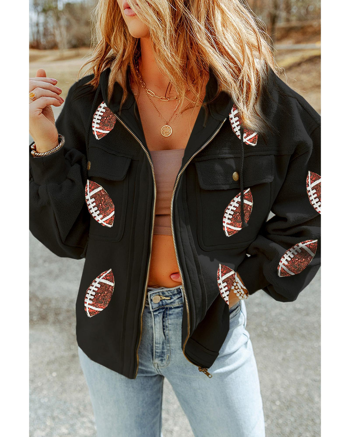 Black Sequined Rugby Football Pattern Pocketed Zipper Hooded Jacket - S