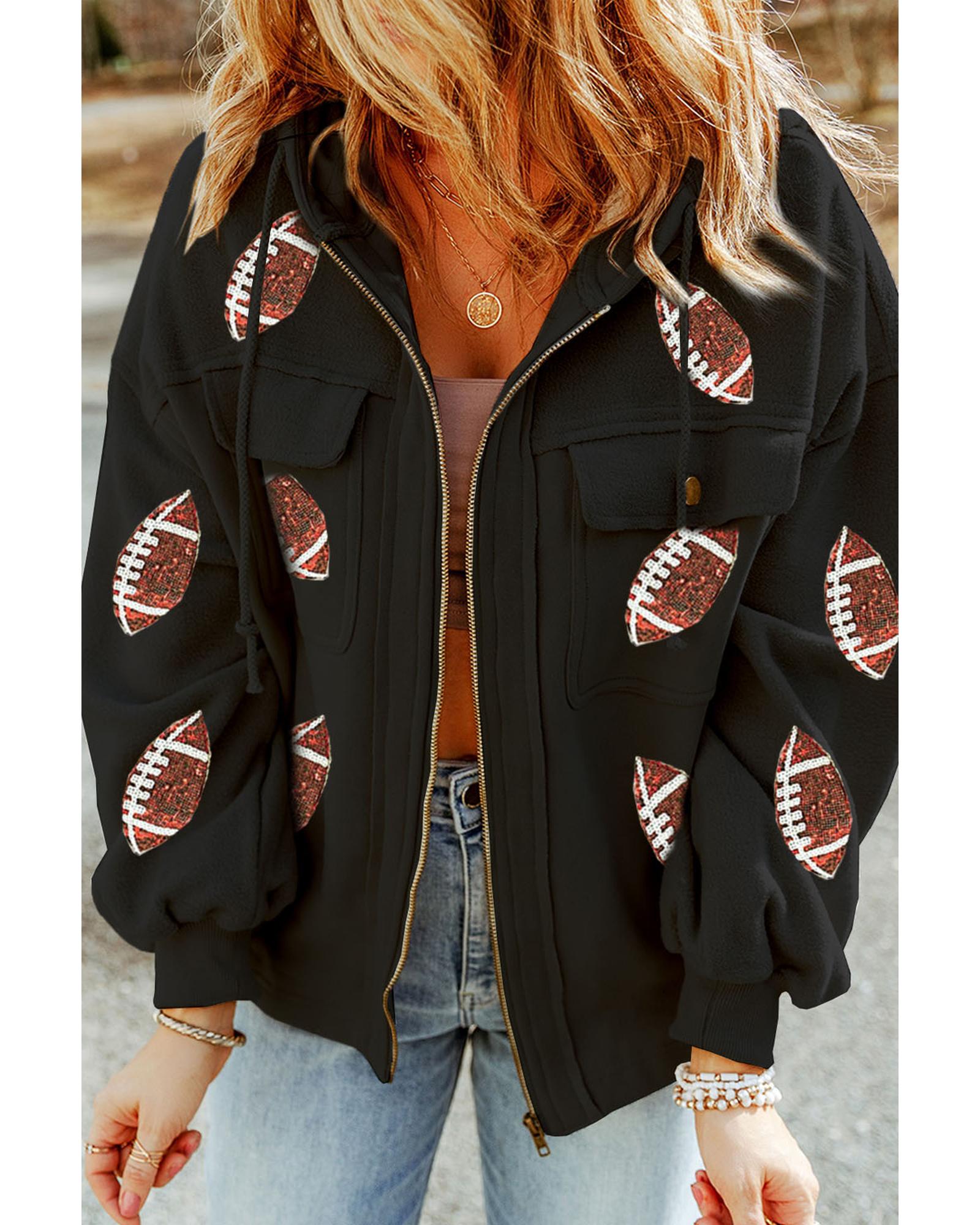 Black Sequined Rugby Football Pattern Pocketed Zipper Hooded Jacket - S