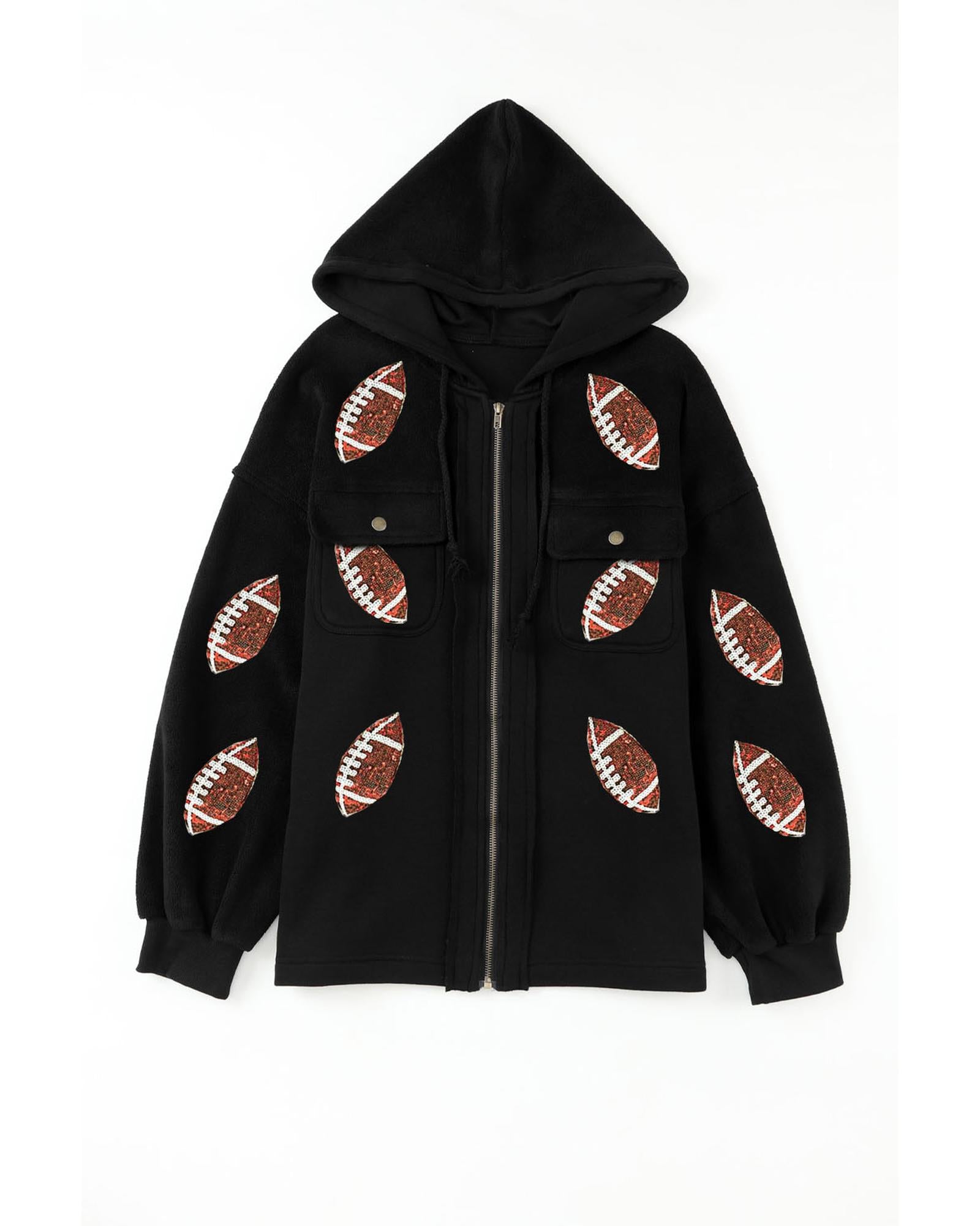 Black Sequined Rugby Football Pattern Pocketed Zipper Hooded Jacket - S