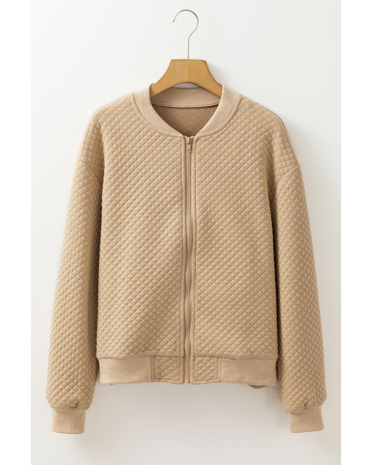 Pale Khaki Solid Geometric Textured Baseball Collar Jacket - L