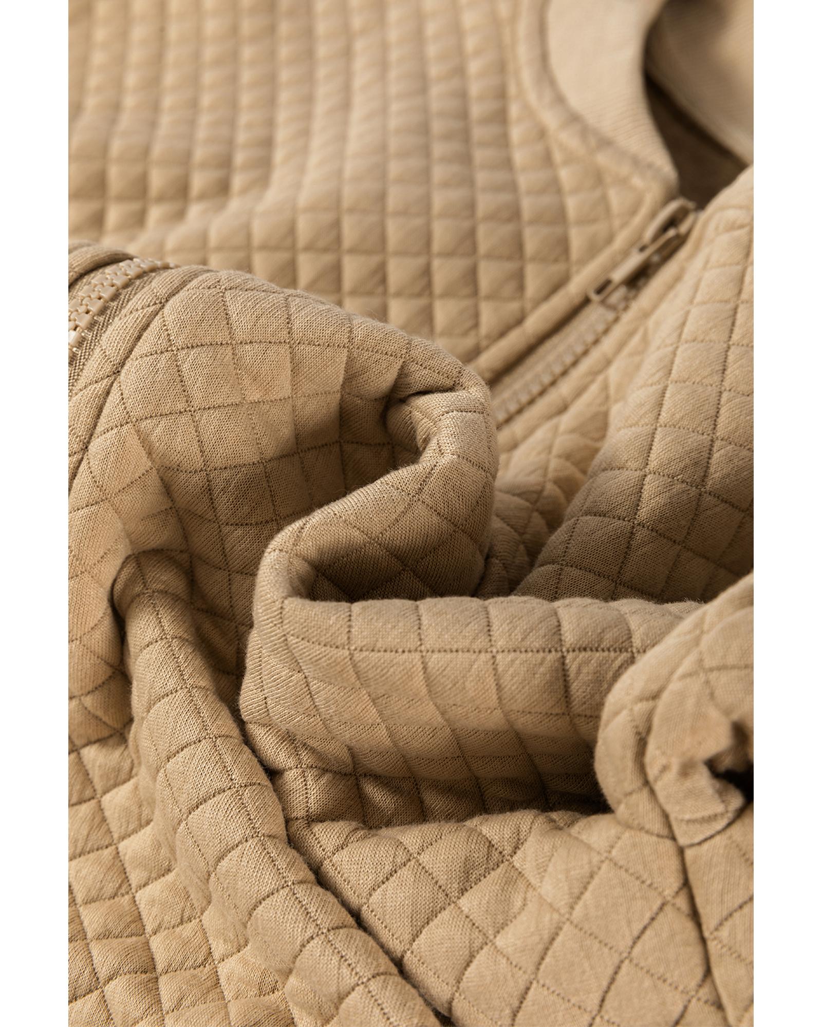 Pale Khaki Solid Geometric Textured Baseball Collar Jacket - L