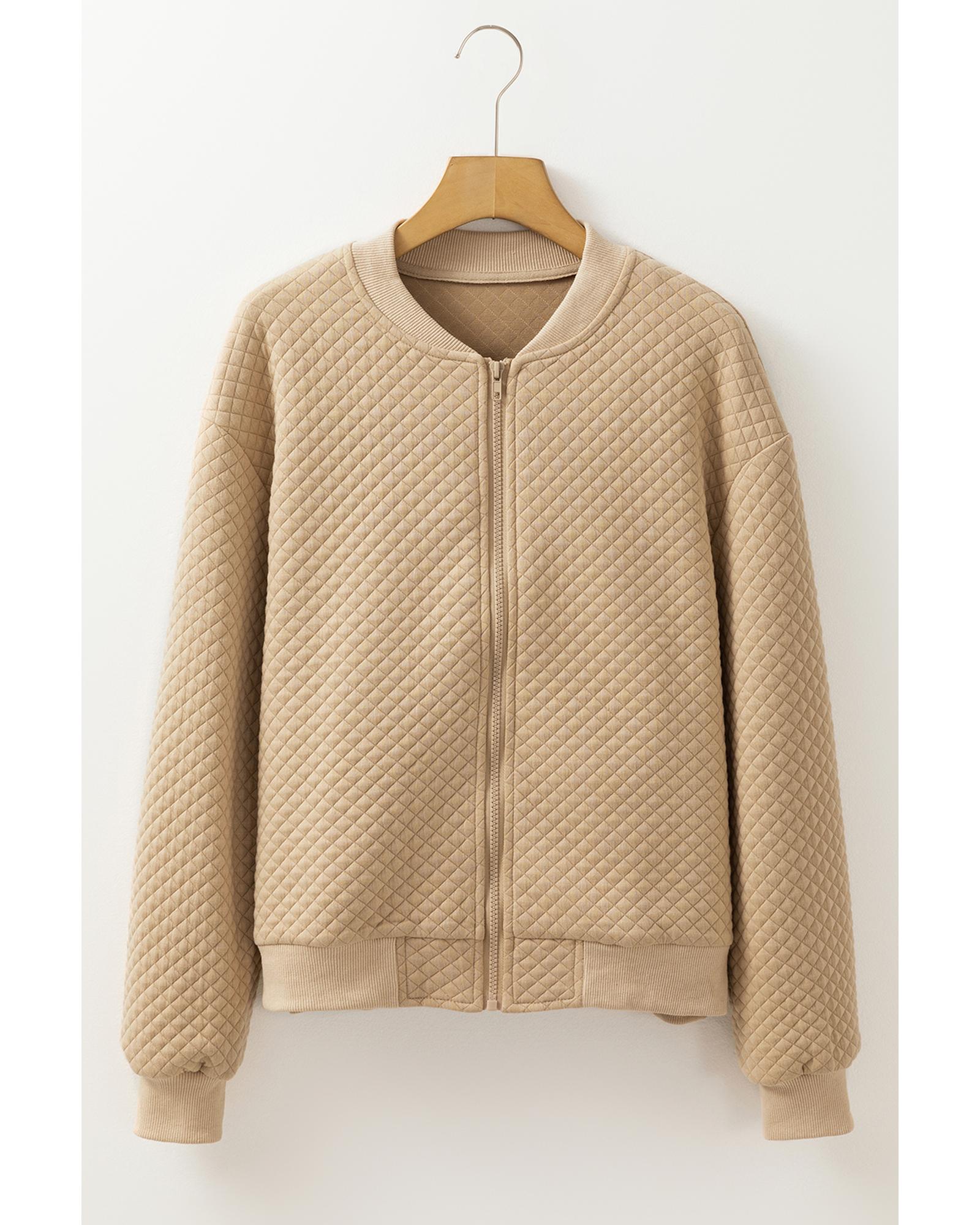 Pale Khaki Solid Geometric Textured Baseball Collar Jacket - M