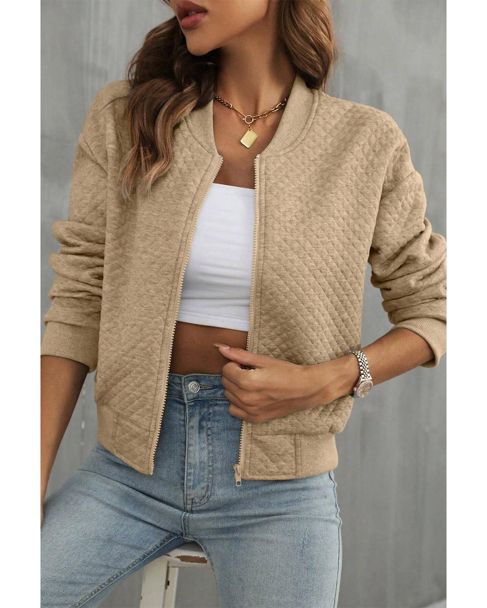 Pale Khaki Solid Geometric Textured Baseball Collar Jacket - XL