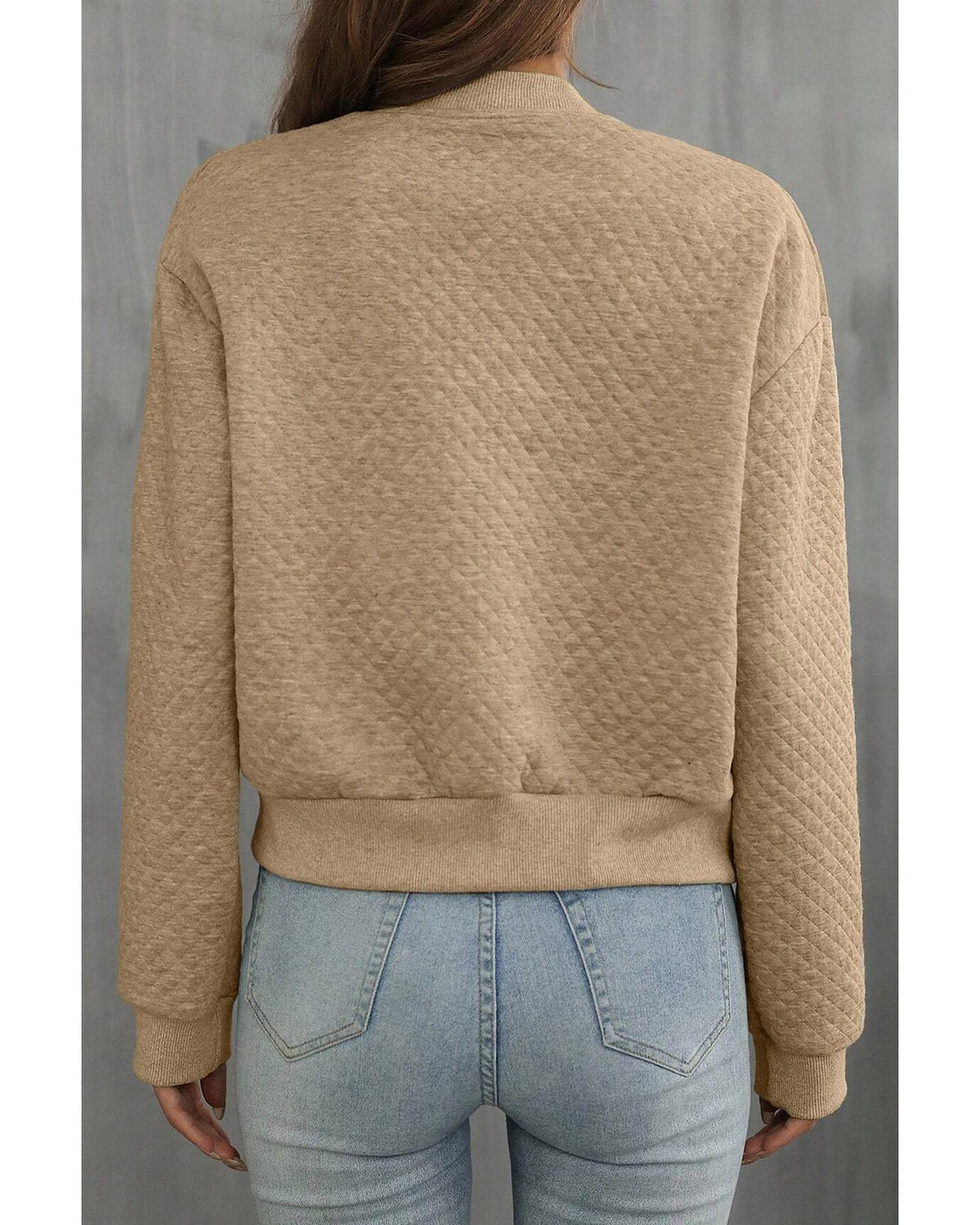 Pale Khaki Solid Geometric Textured Baseball Collar Jacket - XL