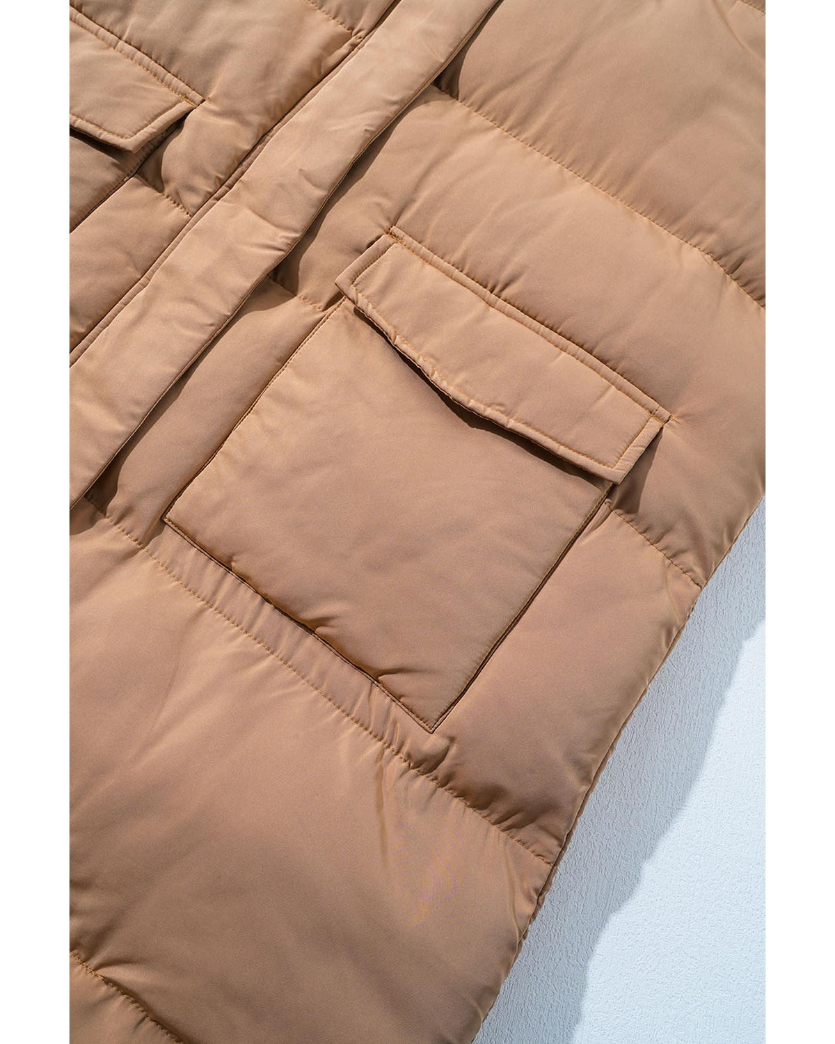 Coffee Windproof Longline Full Zipper Puffer Vest with Pockets - XL