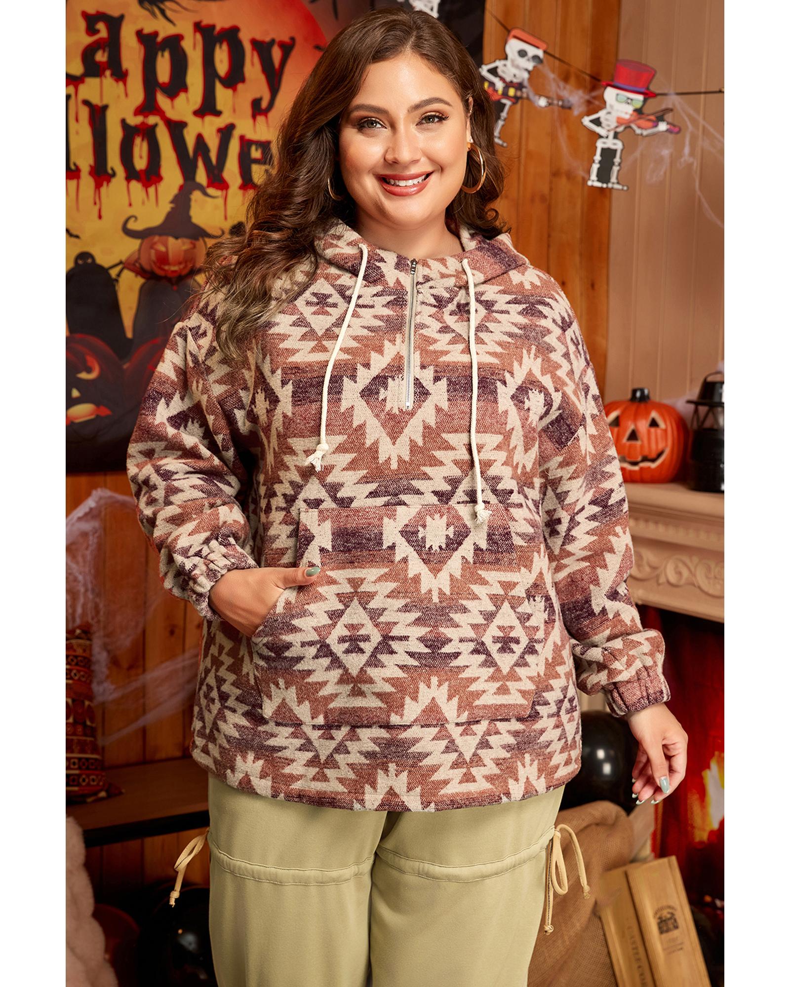 Red Plus Size Western Fashion Aztec Patterned Half Zip High Neck Hoodie - 1X