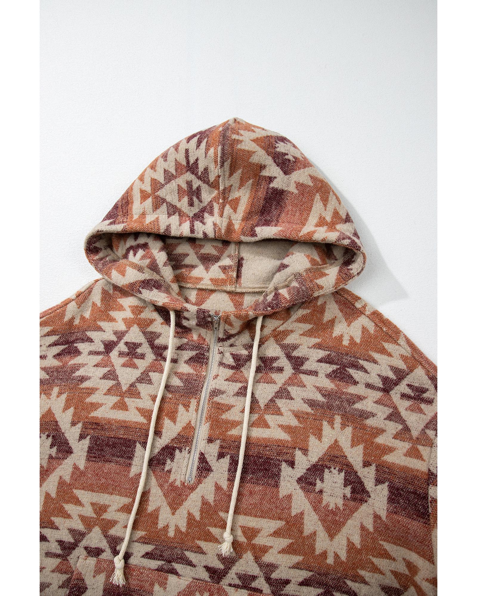 Red Plus Size Western Fashion Aztec Patterned Half Zip High Neck Hoodie - 1X