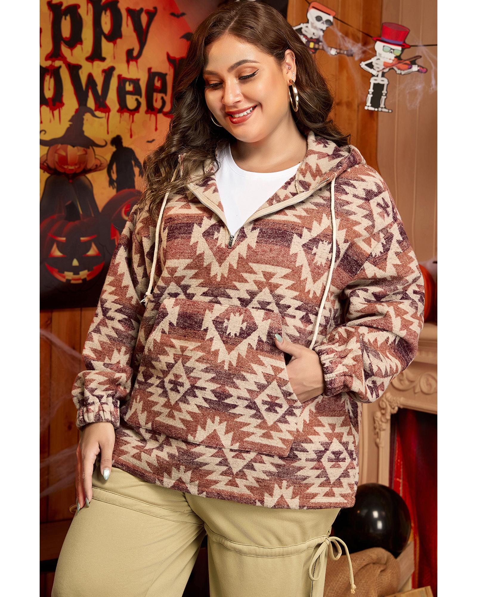 Red Plus Size Western Fashion Aztec Patterned Half Zip High Neck Hoodie - 1X