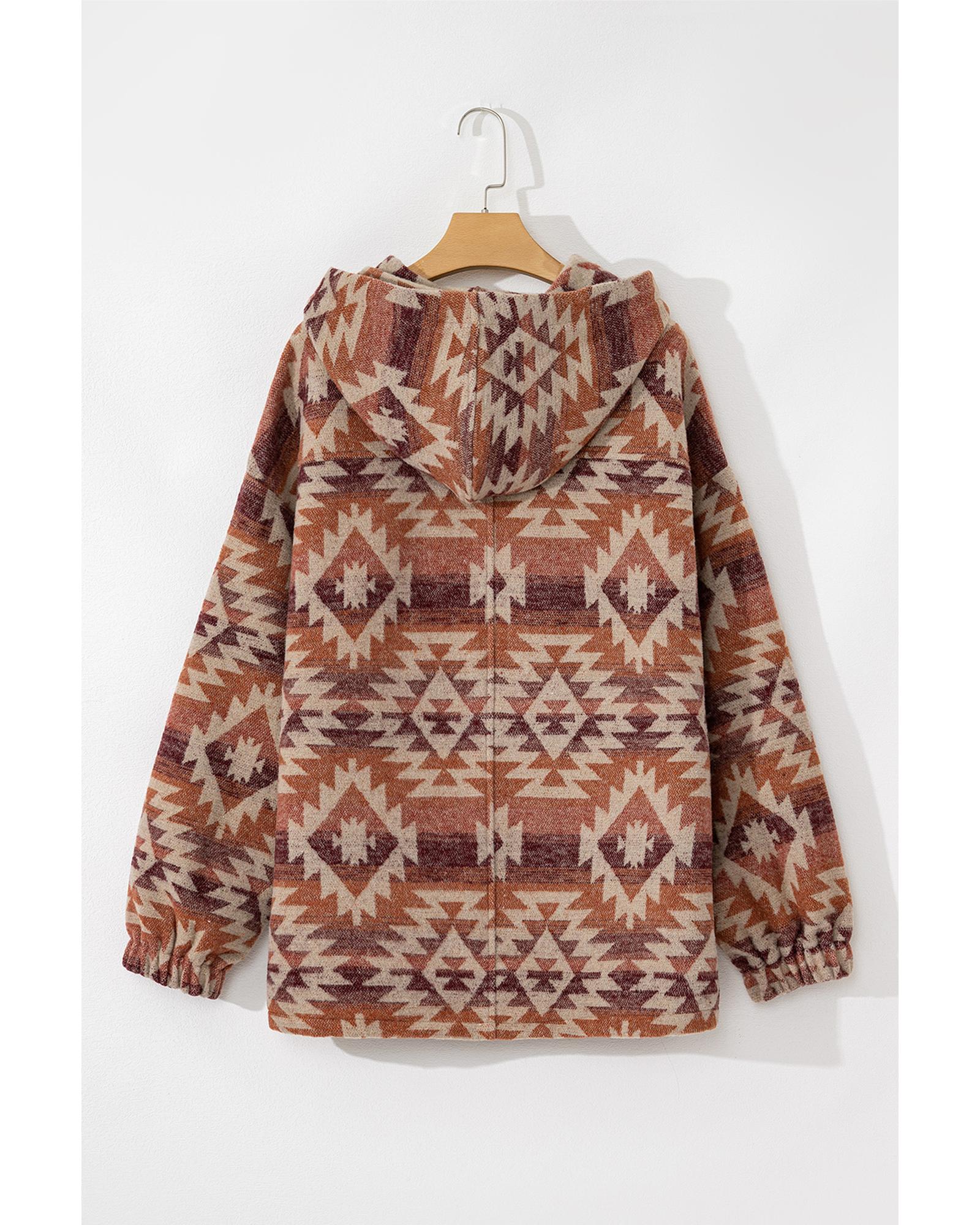 Red Plus Size Western Fashion Aztec Patterned Half Zip High Neck Hoodie - 2X