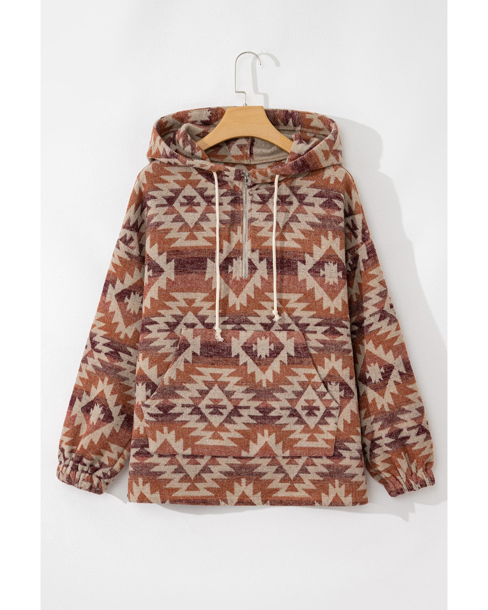 Red Plus Size Western Fashion Aztec Patterned Half Zip High Neck Hoodie - 2X