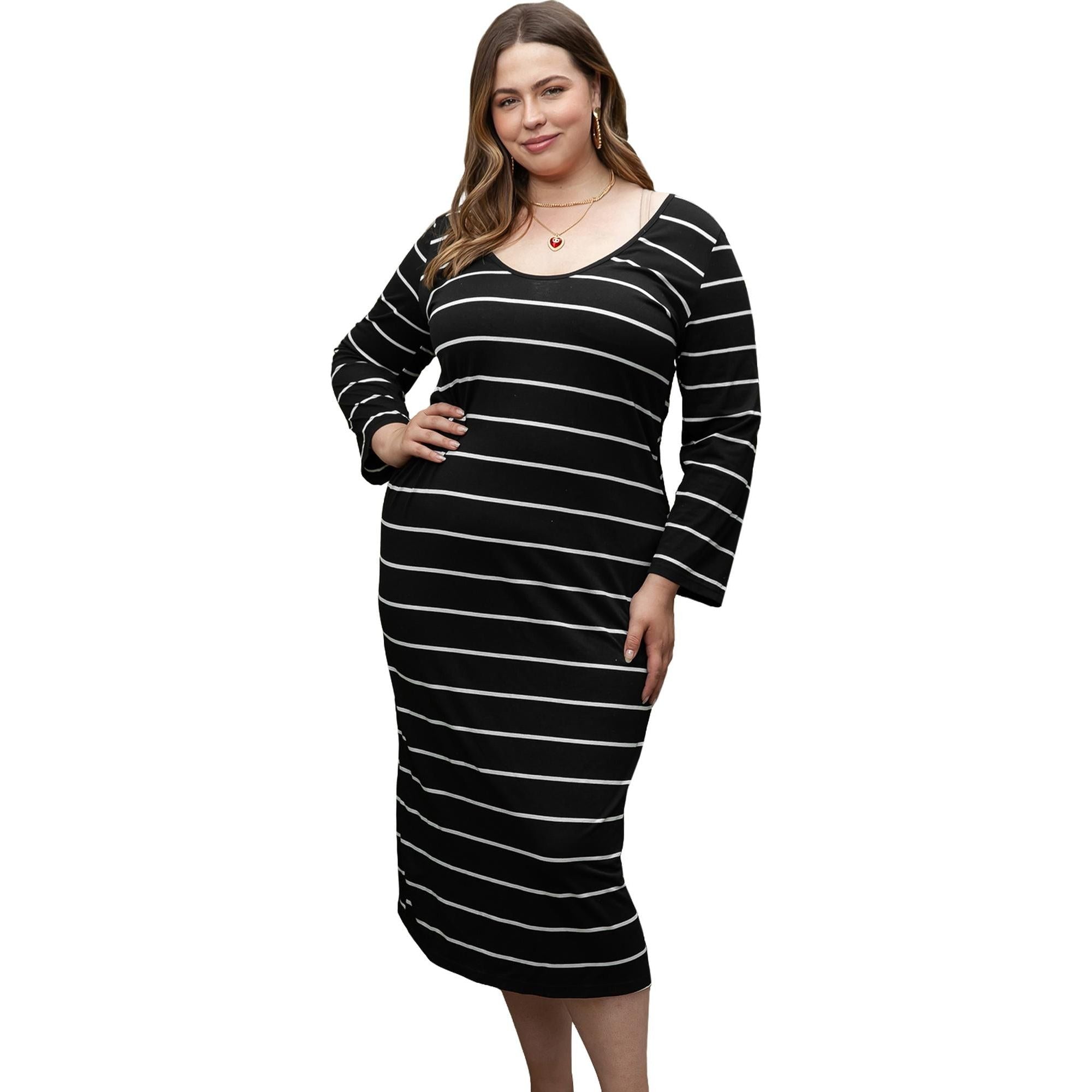 Azura Exchange Black Plus Size Striped Loose Long Shift Dress - 1X