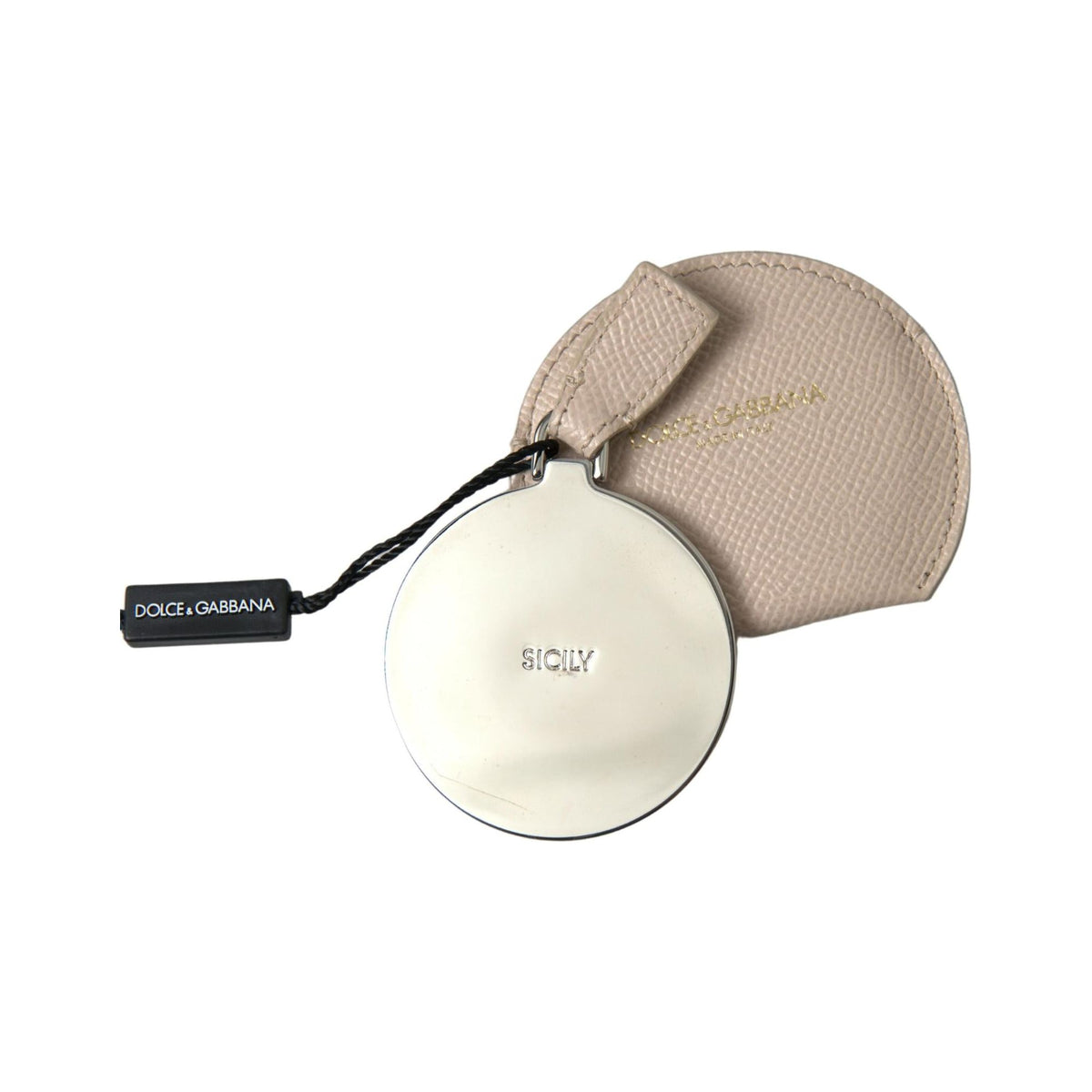 Dolce & Gabbana Women's Beige Calfskin Leather Round Logo Hand Mirror Holder - One Size