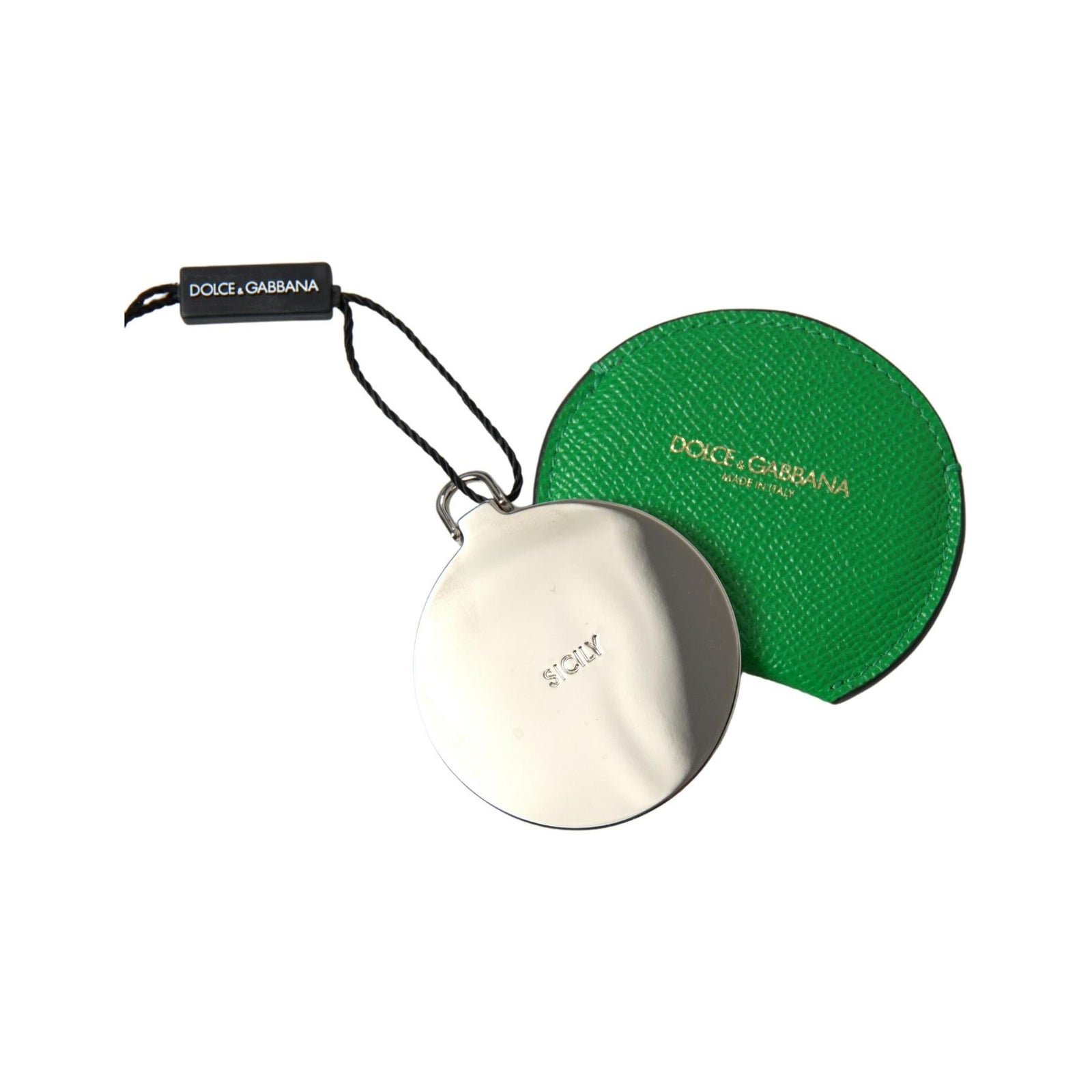 Dolce & Gabbana Women's Green Calfskin Leather Round Logo Hand Mirror Holder - One Size