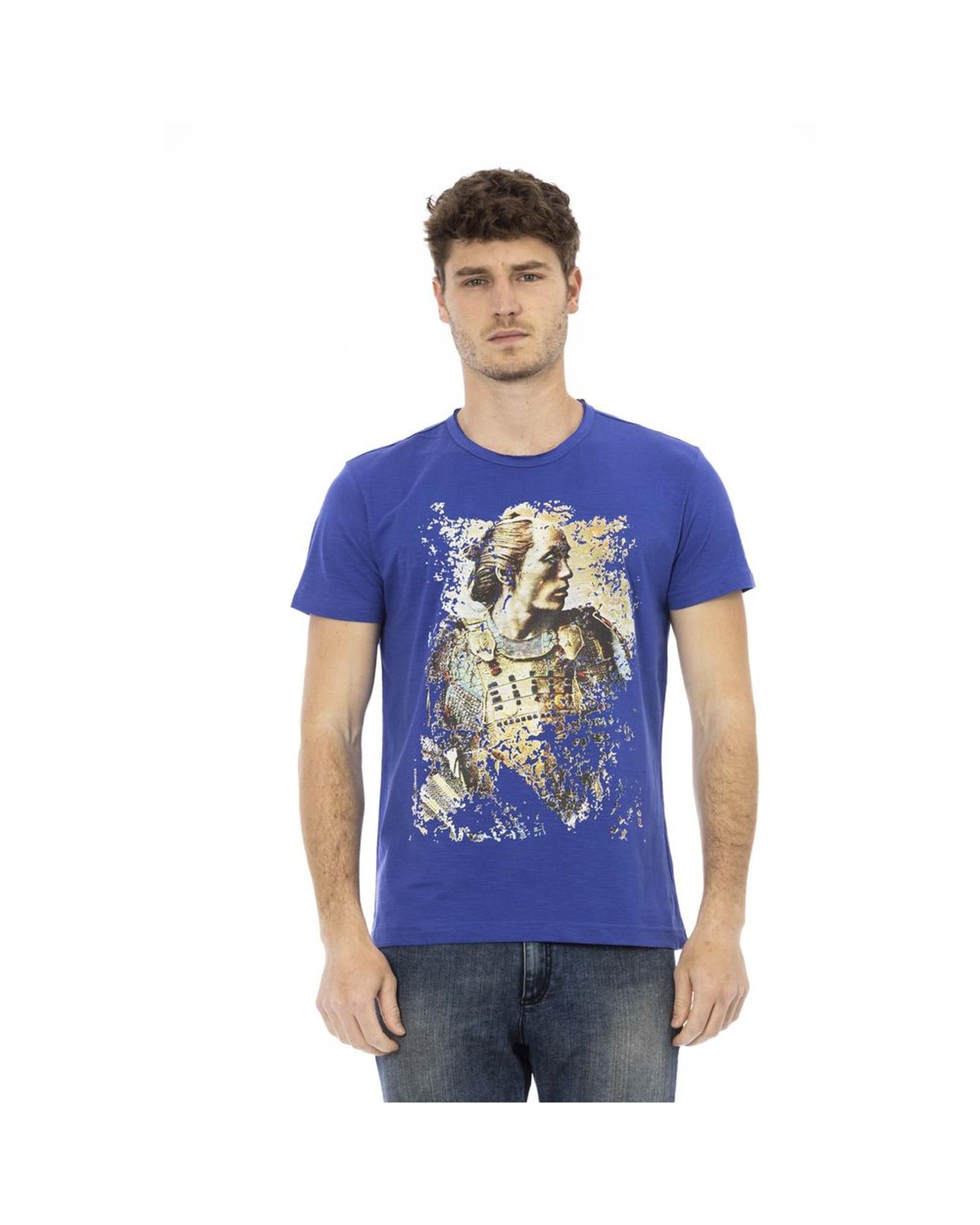 Trussardi Action Men's Sleek Blue Cotton Tee with Unique Front Print - XL
