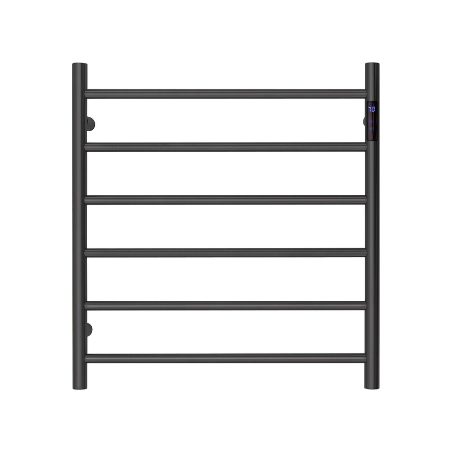 Premium Matte Black Heated Towel Rack with LED control- 6 Bars, Round Design, AU Standard, 650x620mm Wide