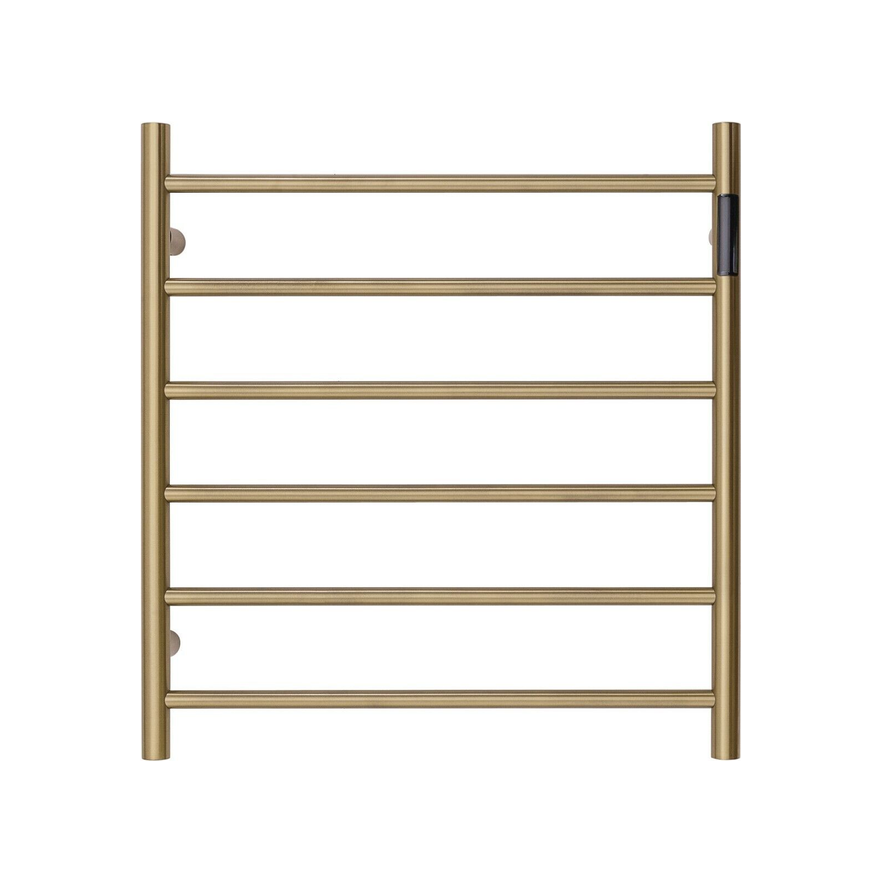 Premium Brushed Gold Heated Towel Rack with LED control- 6 Bars, Round Design, AU Standard, 650x620mm Wide