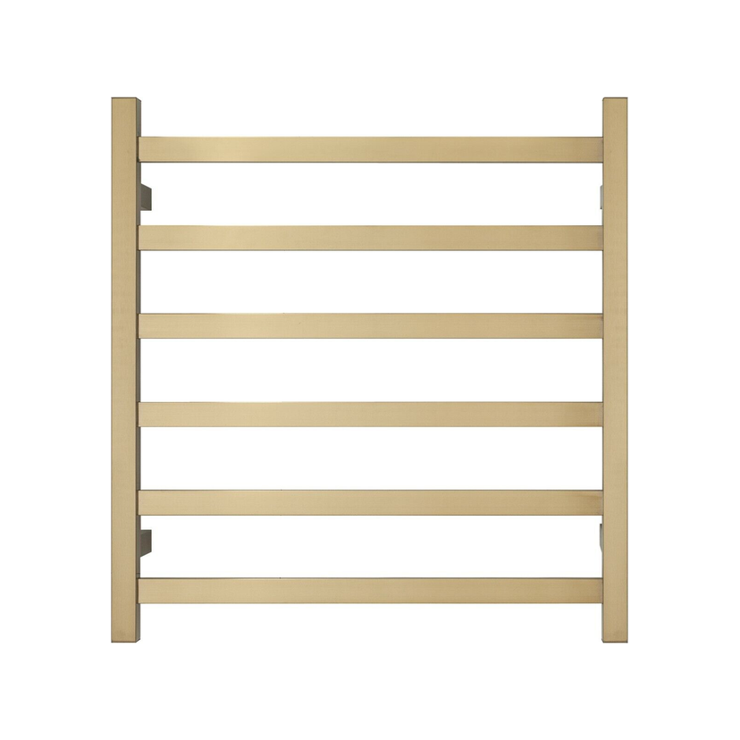 Premium Brushed Gold Heated Towel Rack - 6 Bars, Square Design, AU Standard, 650x620mm Wide