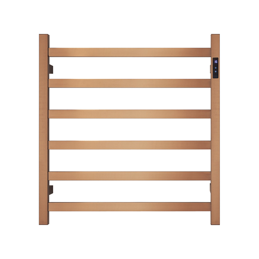 Premium Brushed Rose Gold Heated Towel Rack with LED control- 6 Bars, Square Design, AU Standard, 650x620mm Wide