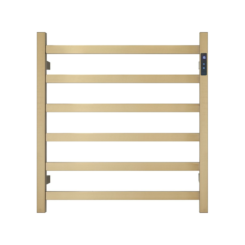 Premium Brushed Gold Heated Towel Rack with LED control- 6 Bars, Square Design, AU Standard, 650x620mm Wide
