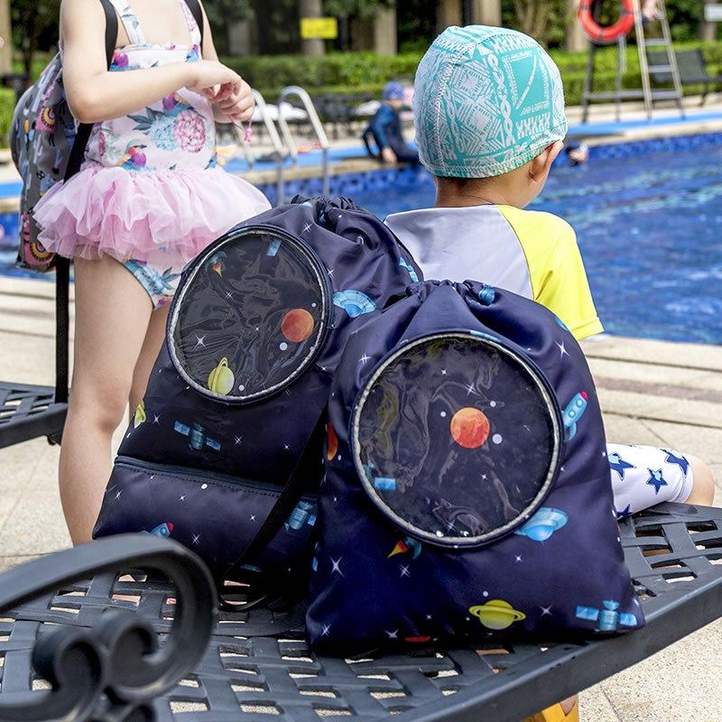 Blue Waterproof Drawstring Beach Bag L Size For Kids Wet & Dry Separation Shoulder Strap - Grey L