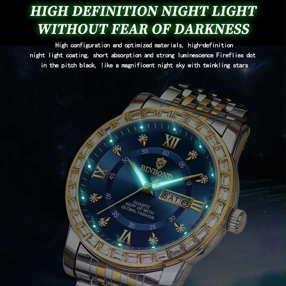 Diamond Dual-calendar Luminous Quartz Watch - B2202 - Black Steel-Black-White Nail