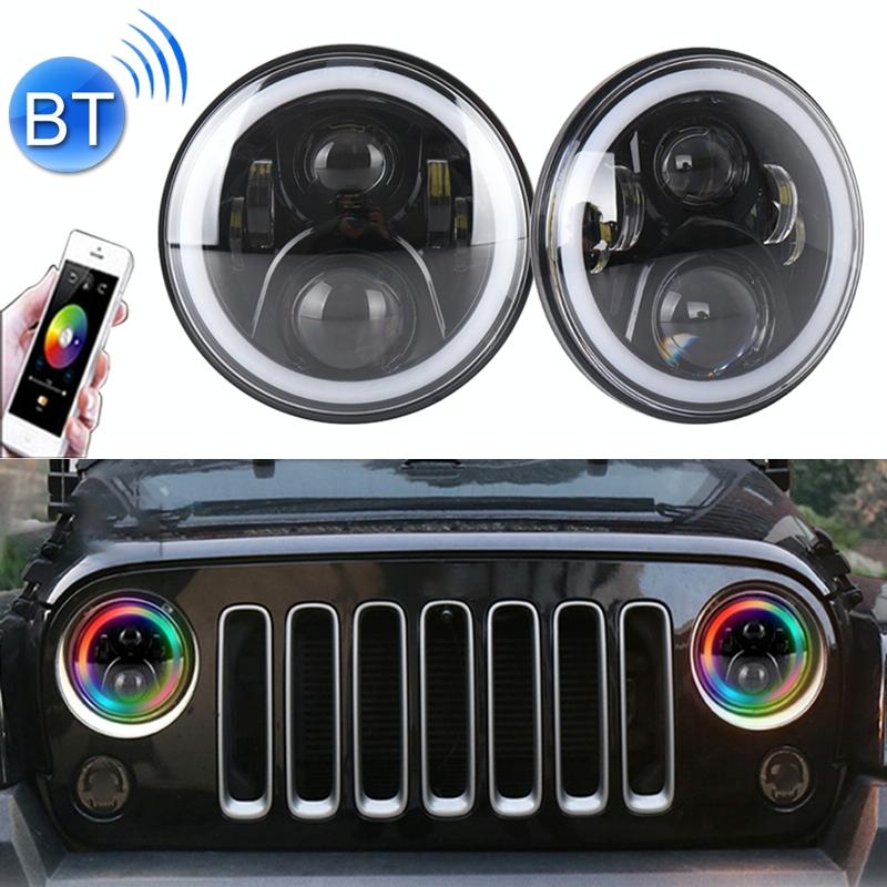 2 Pcs 7 Inch Dc12V 6000K - 6500K 50W Car Led Headlight Cree Lamp Beads For Jeep Wrangler / Harley Support App + Bluetooth Control Black