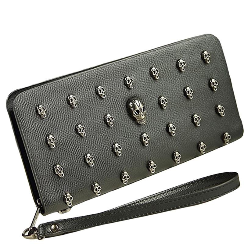 Leather Wristlet Handbag with Metal Skull Design
