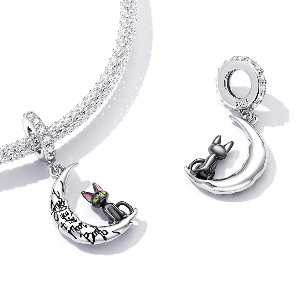 925 Sterling Silver Moon Cat Pendant For Bracelet Or Necklace