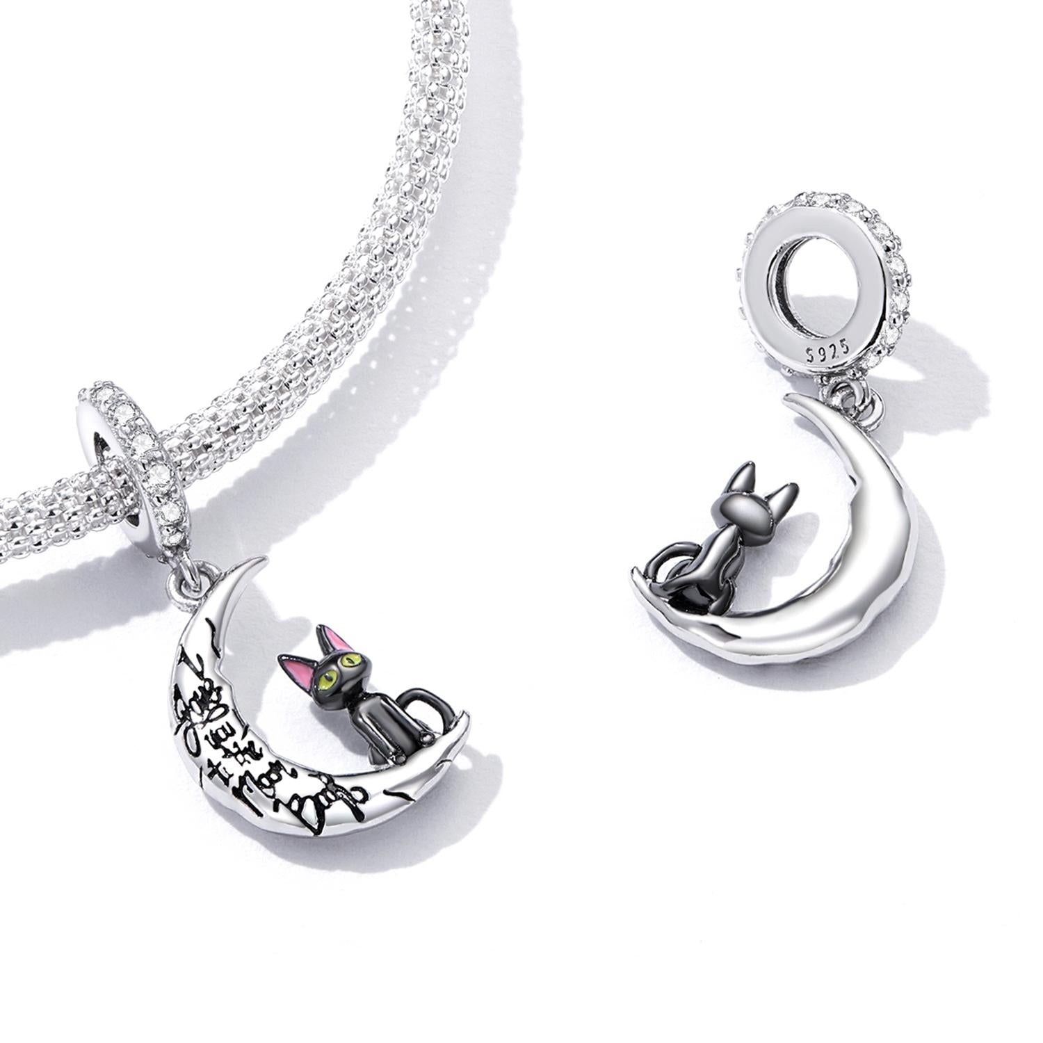 925 Sterling Silver Moon Cat Pendant For Bracelet Or Necklace