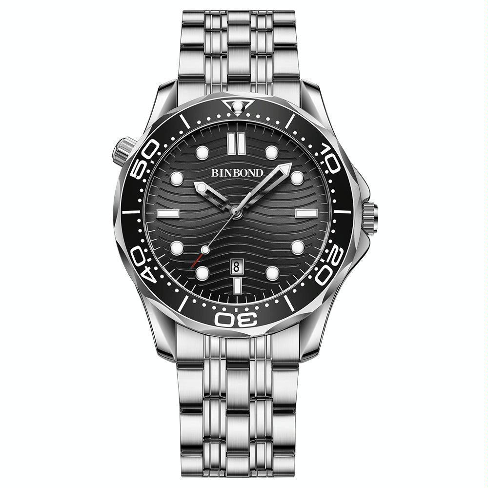 30m Waterproof Men Sports Quartz Watch - White Steel with Luminous Black Surface