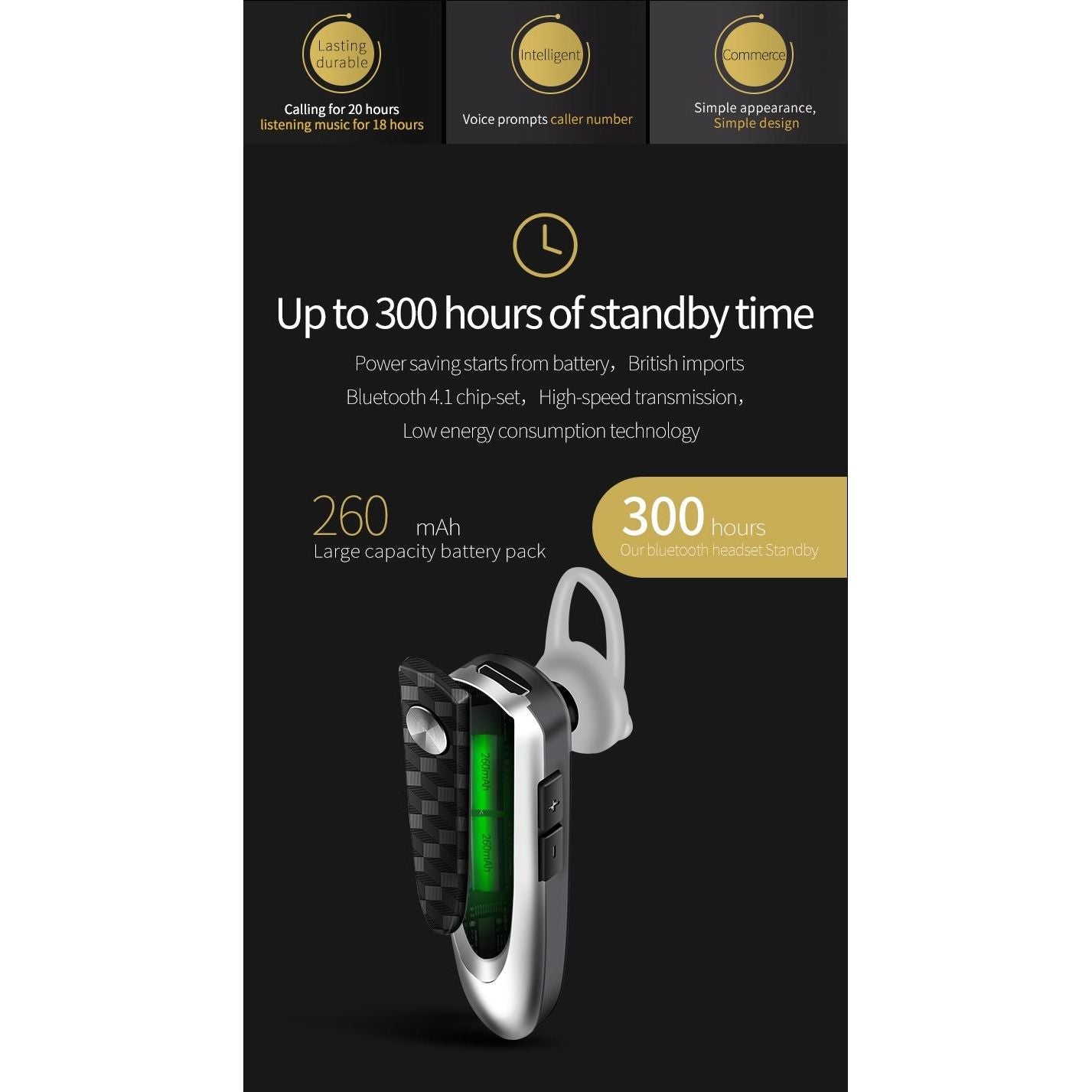 Wireless Bluetooth Earbud For Hands-Free Calls And Music - Large Battery - Black