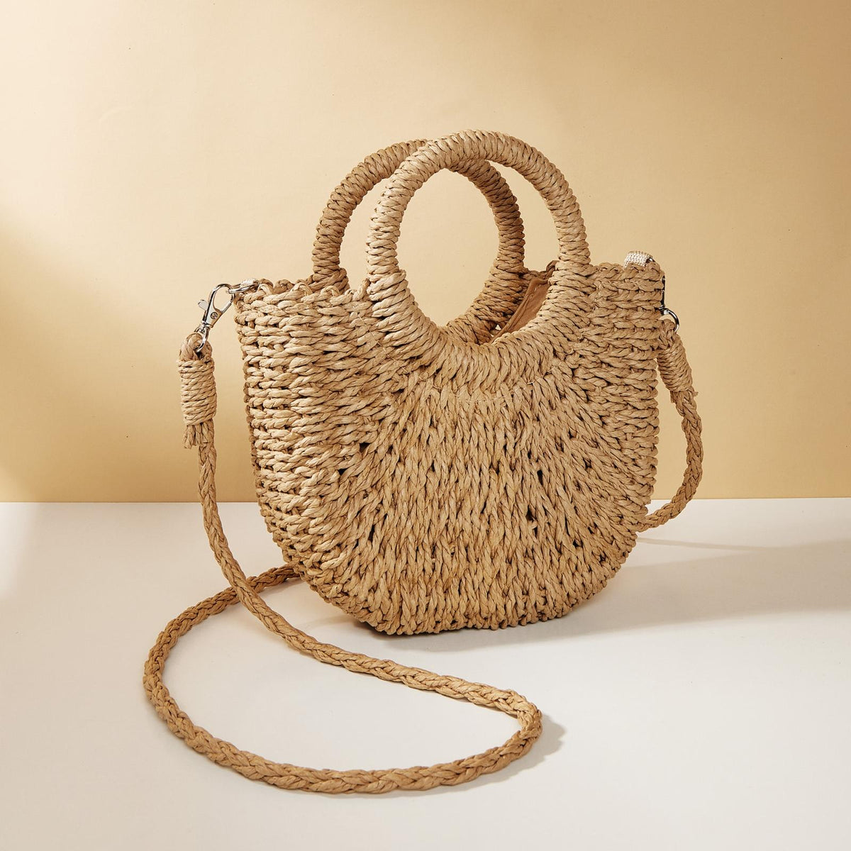 Beige Half Moon Straw Tote Woven Beach Bag - Beige
