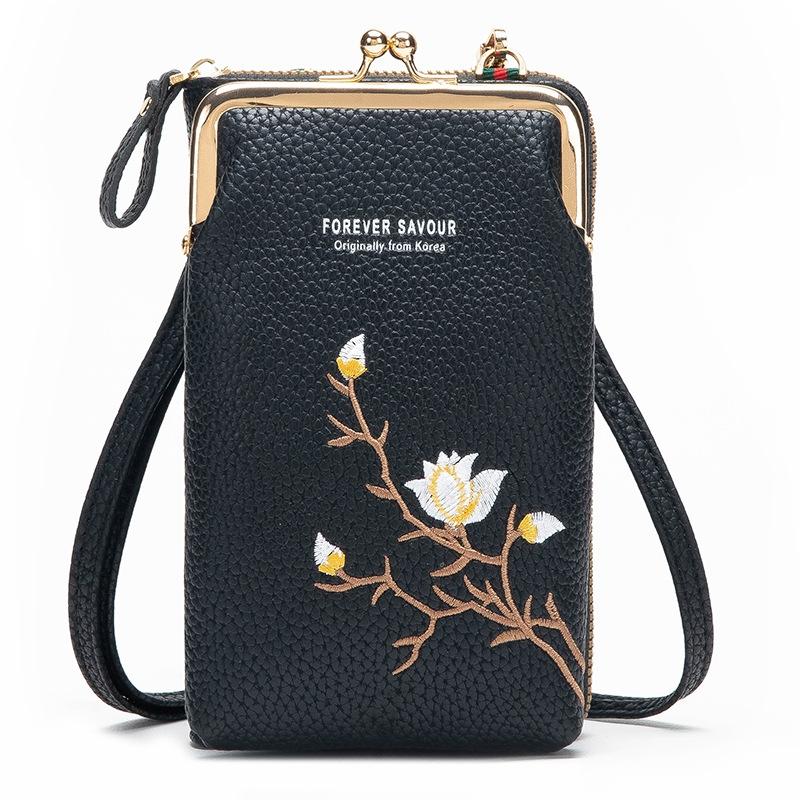 Black Embroidered Single Shoulder Phone Bag Wallet - Black