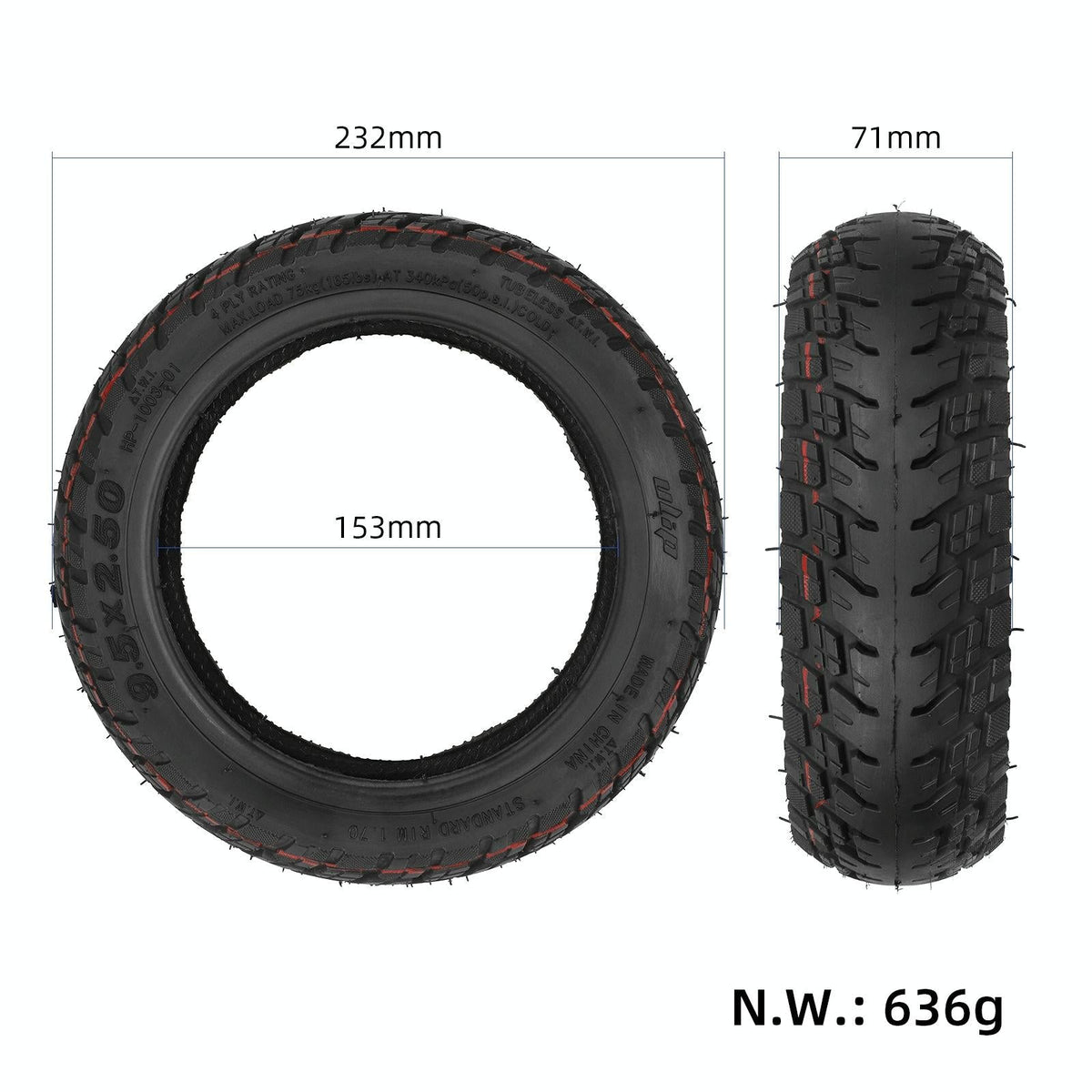 Off-road Tubeless Tire for Electric Scooters - 9.5x2.5 Inch with Gas Nozzle