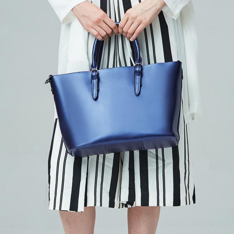 Blue Cowhide Messenger Tote For Women Large Capacity