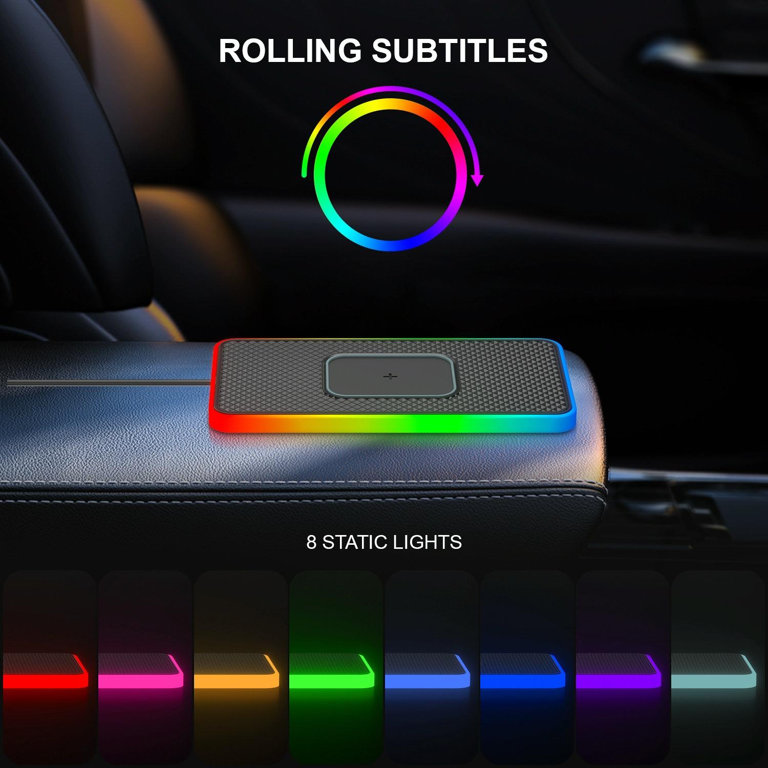 15w 2-in-1 Car Wireless Charger with Non-slip Mat and Colourful Light - 0.3m Usb Cable - Usb-C/Type-C Cable 1M