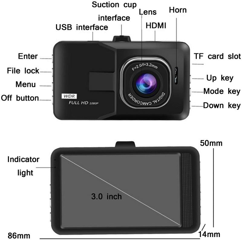 1080P Hd 3.0 Wide-Angle Driving Recorder With Reversing Image